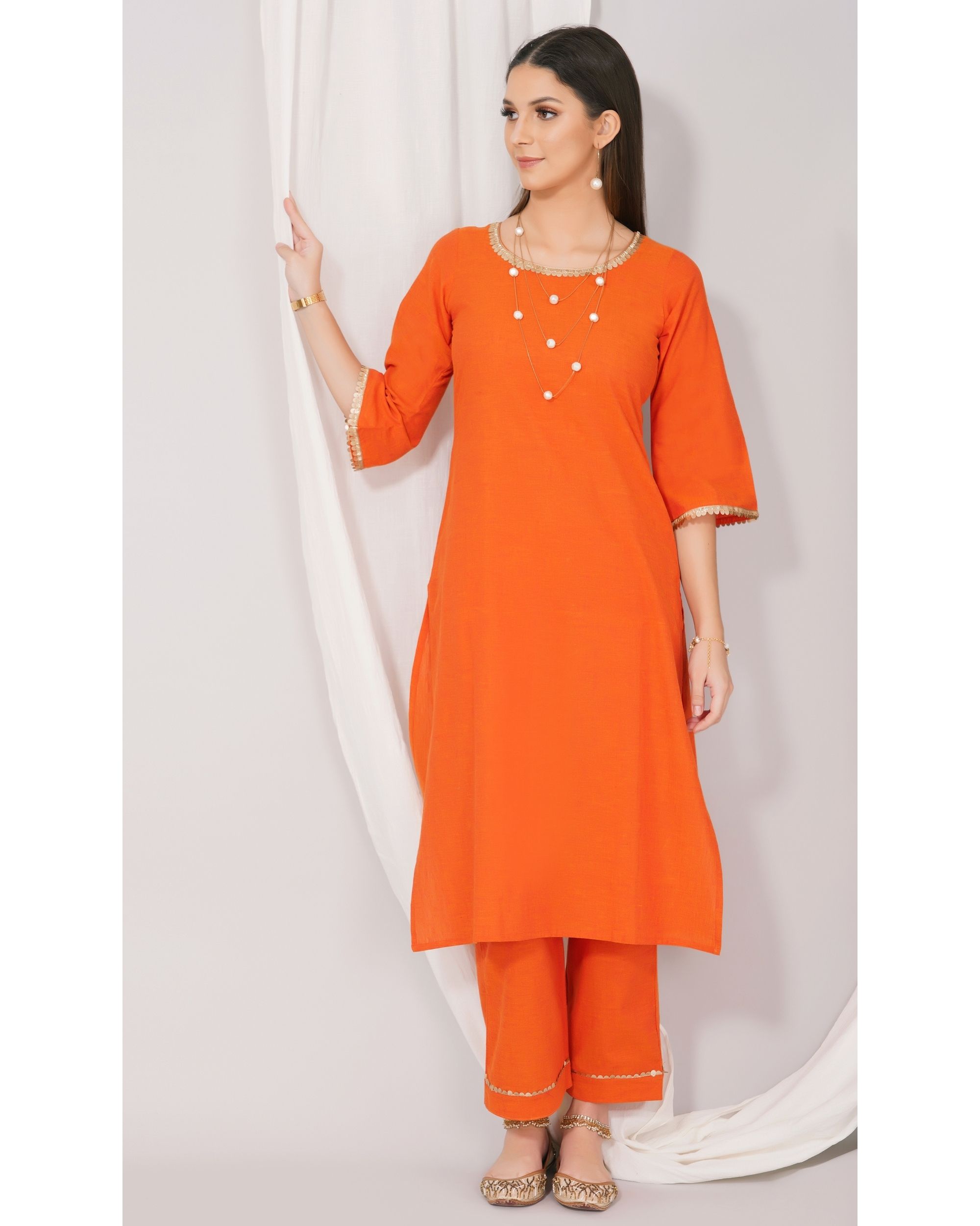 Flex Cotton Orange Colour Kurta with Offwhite Palazzo | Kurta designs, Long  kurti designs, Kurti designs latest