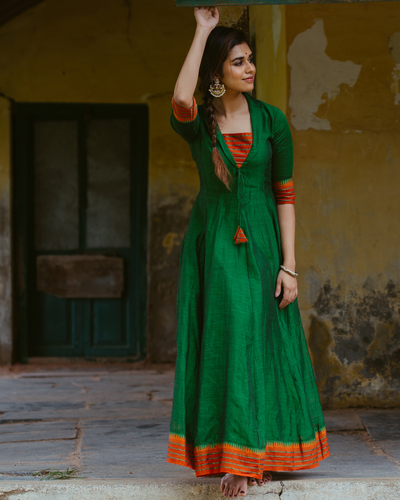 Bottle green Narayanpet cotton long gown.. – karthika design studio