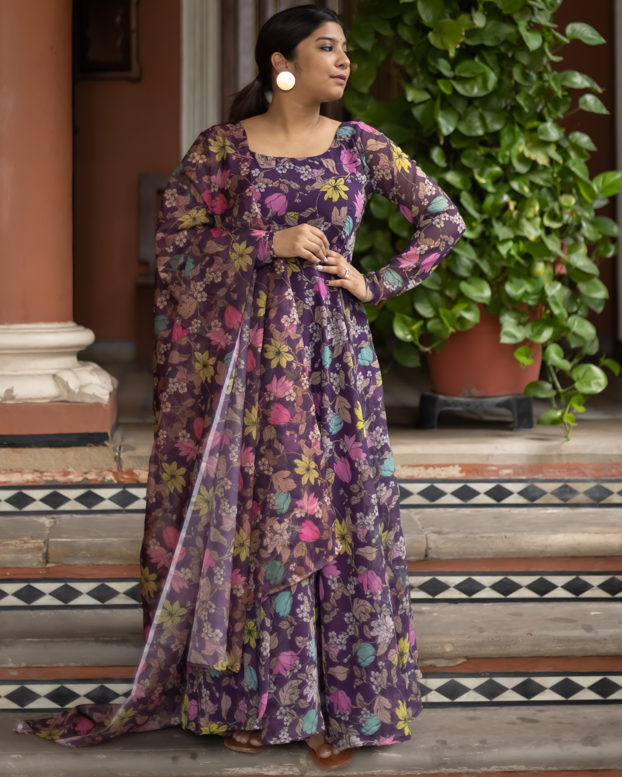 Purple floral georgette dress with dupatta - set of two