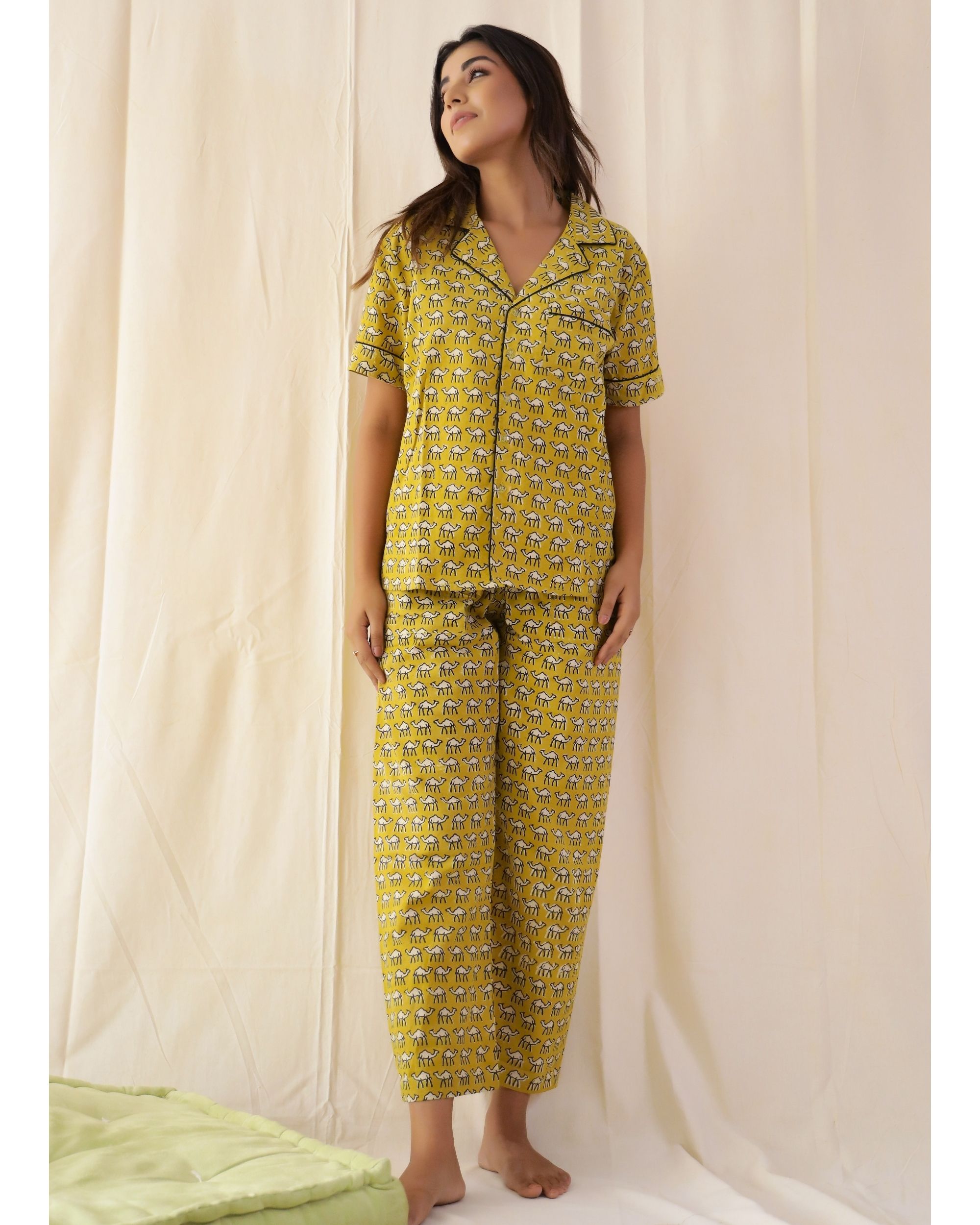Camel print cotton night suit - set of two