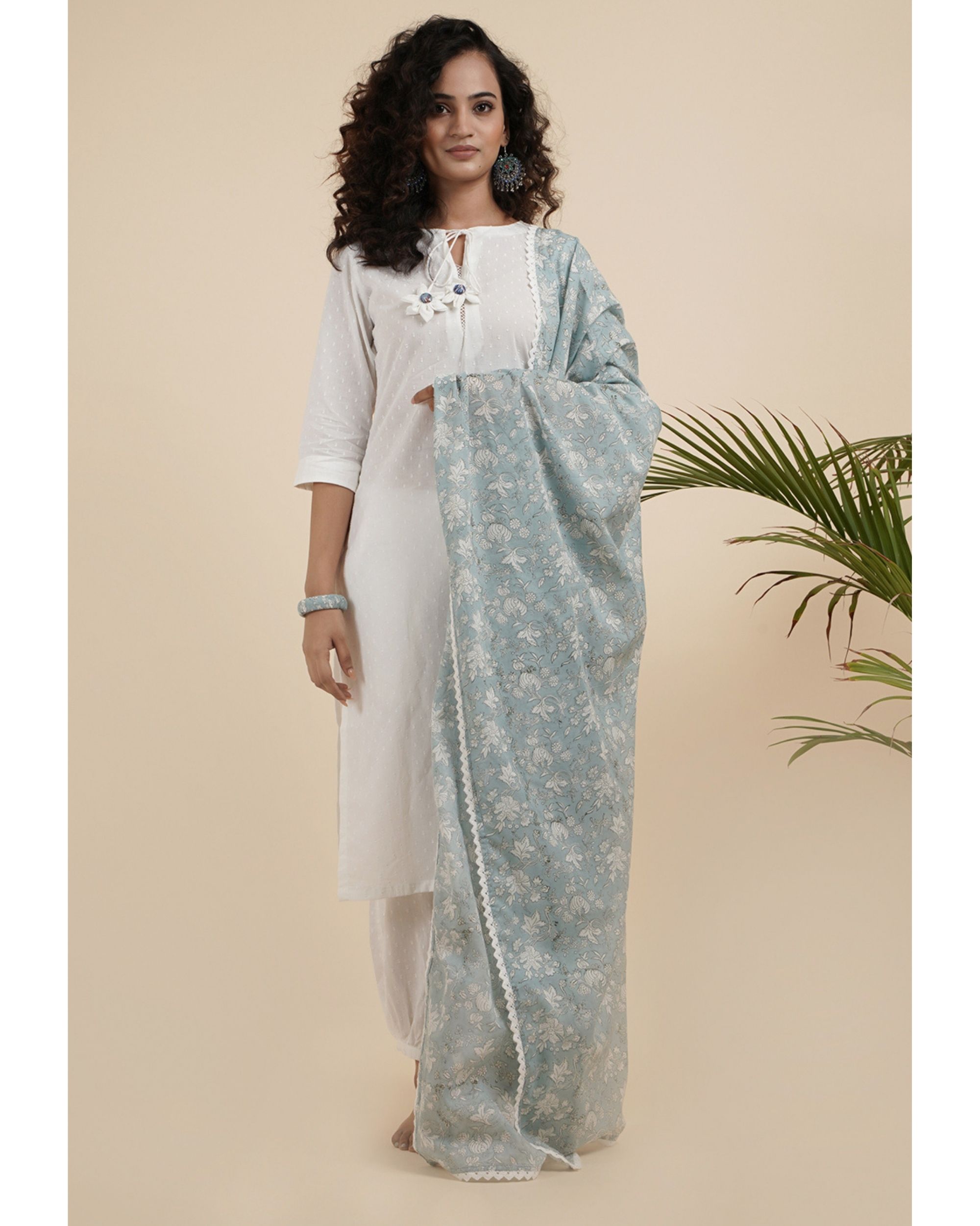 White embroidered kurta and pants with dupatta - set of three