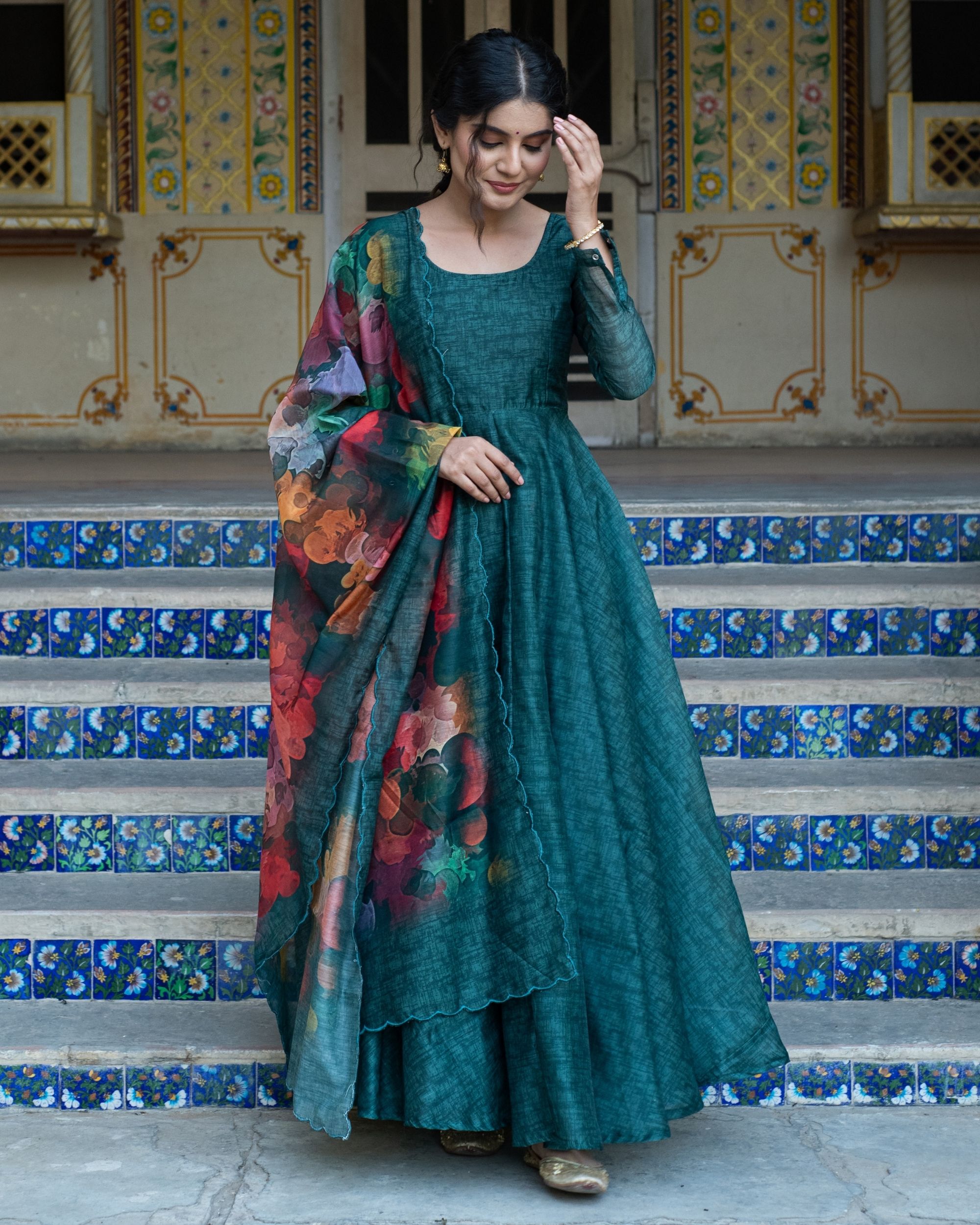 Bottle green chanderi dress with multi color dupatta - set of two