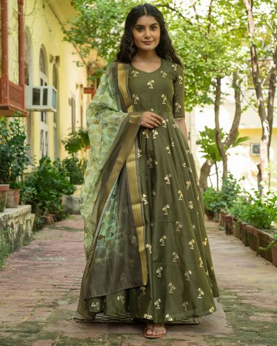 Olive green flared dress with black printed dupatta - Set Of Two by Athira  Designs