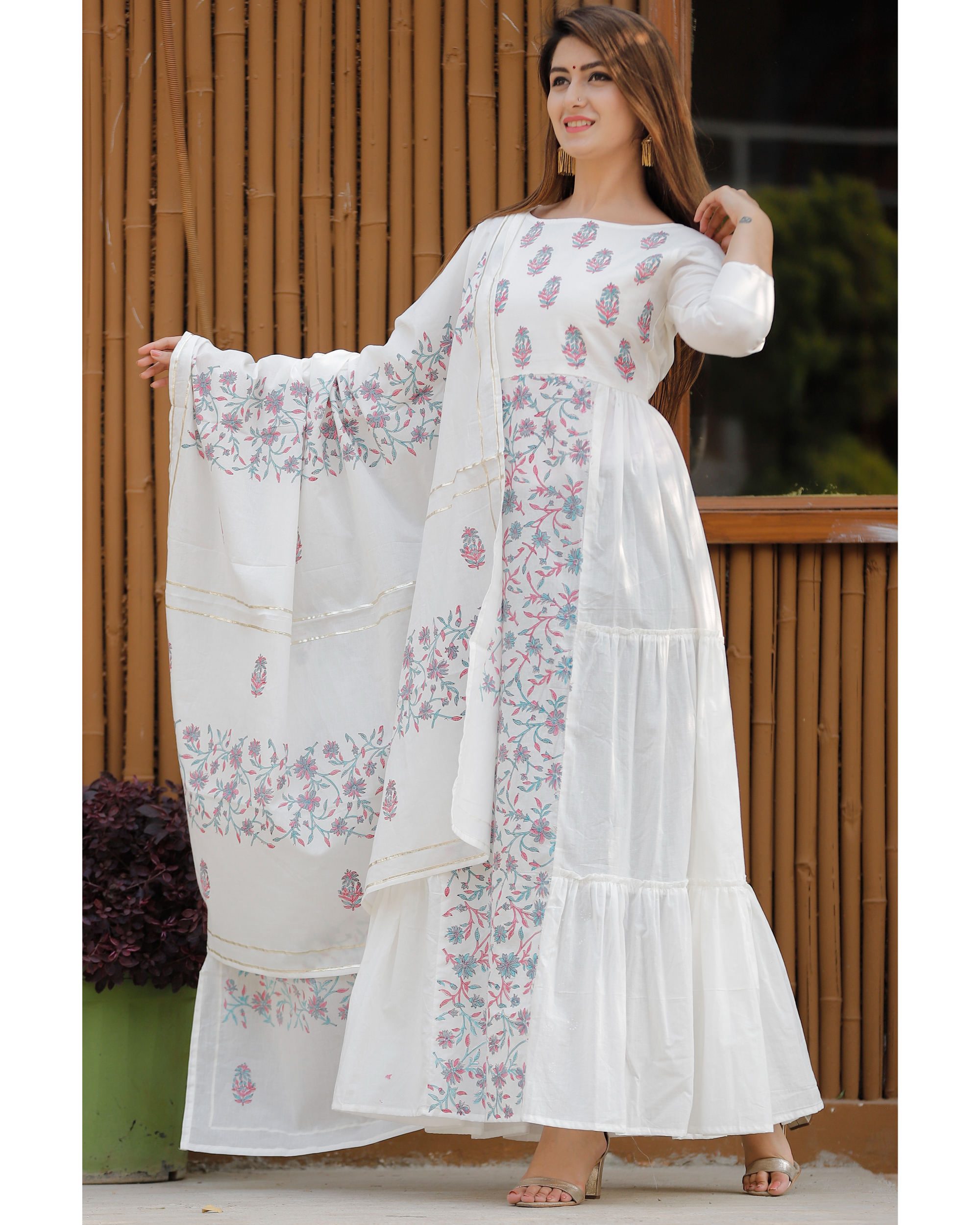 White chikankari suit set - set of three by Geeta Fashion