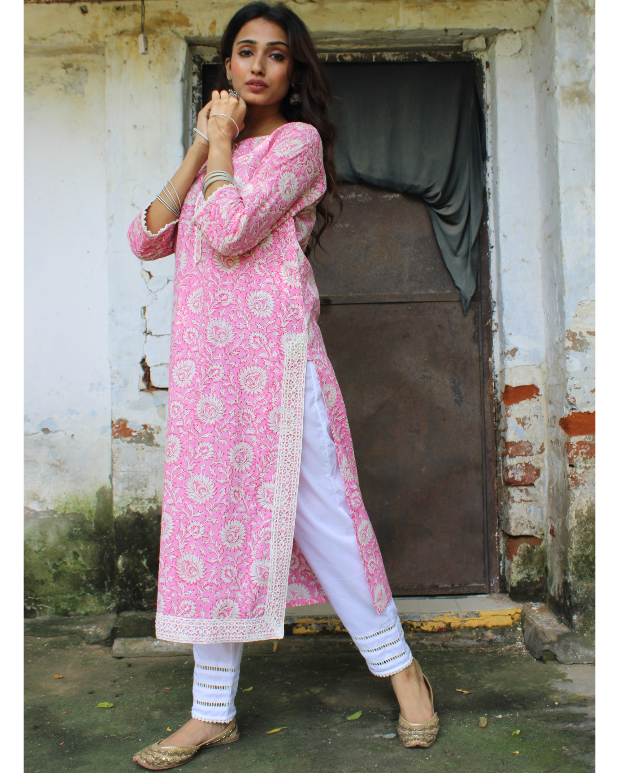 White cotton pants with lace detailing by Jalpa Shah