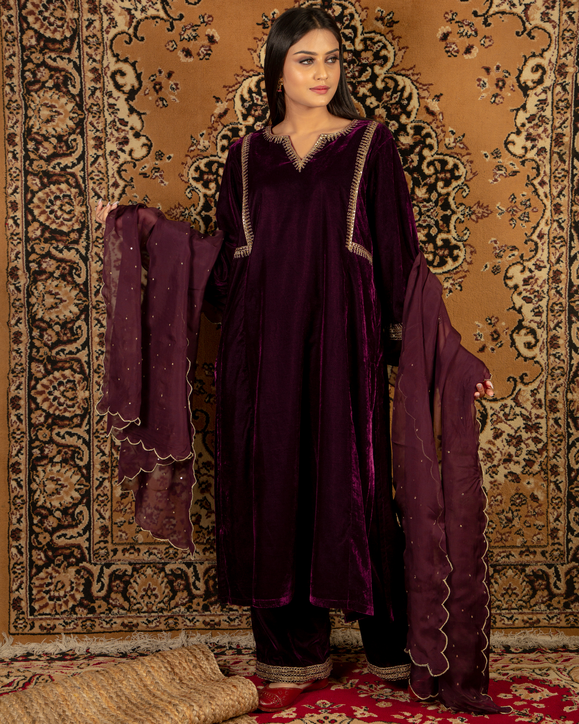 Wine silk velvet kurta with pants and dupatta - set of three