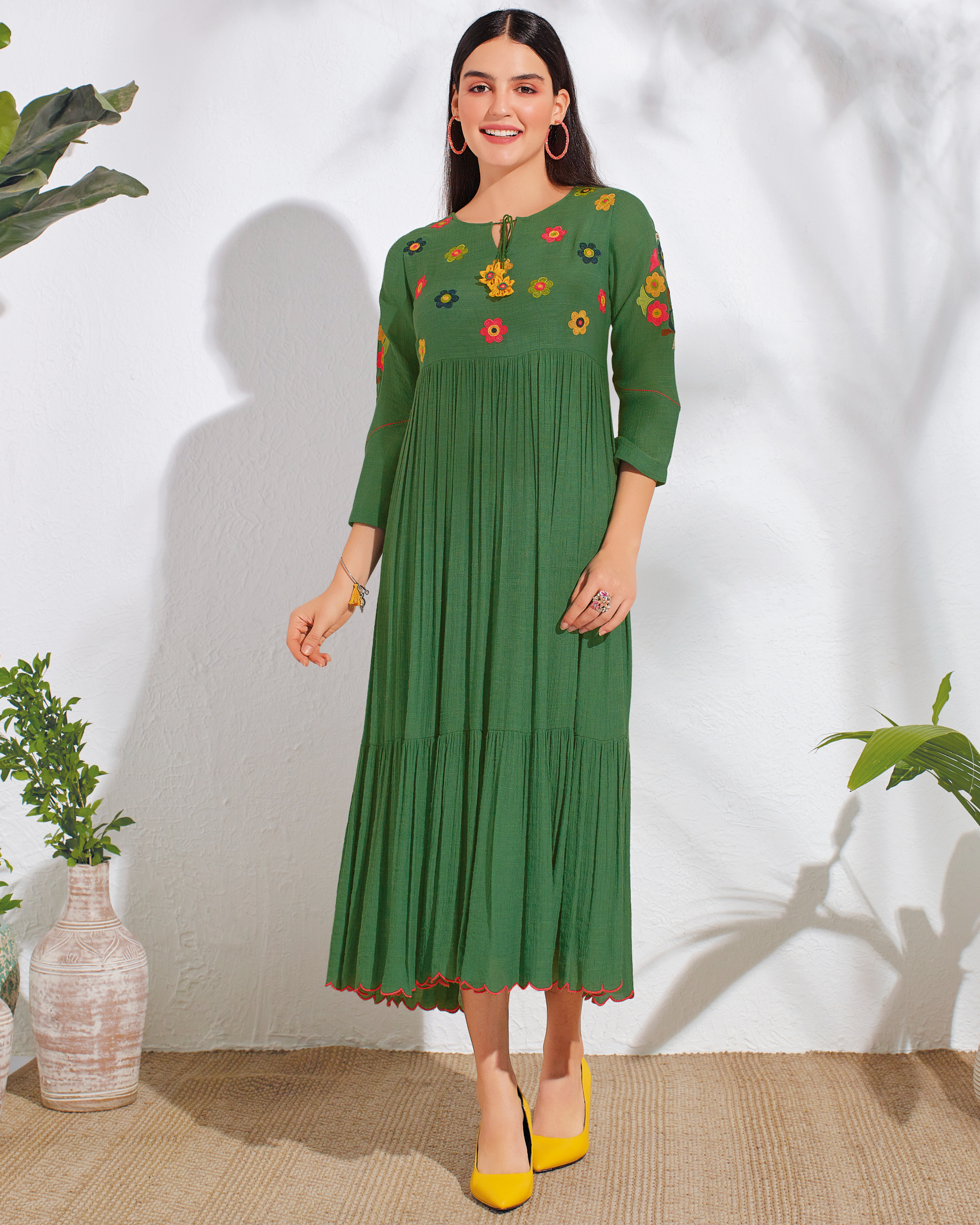 green dress with embroidery