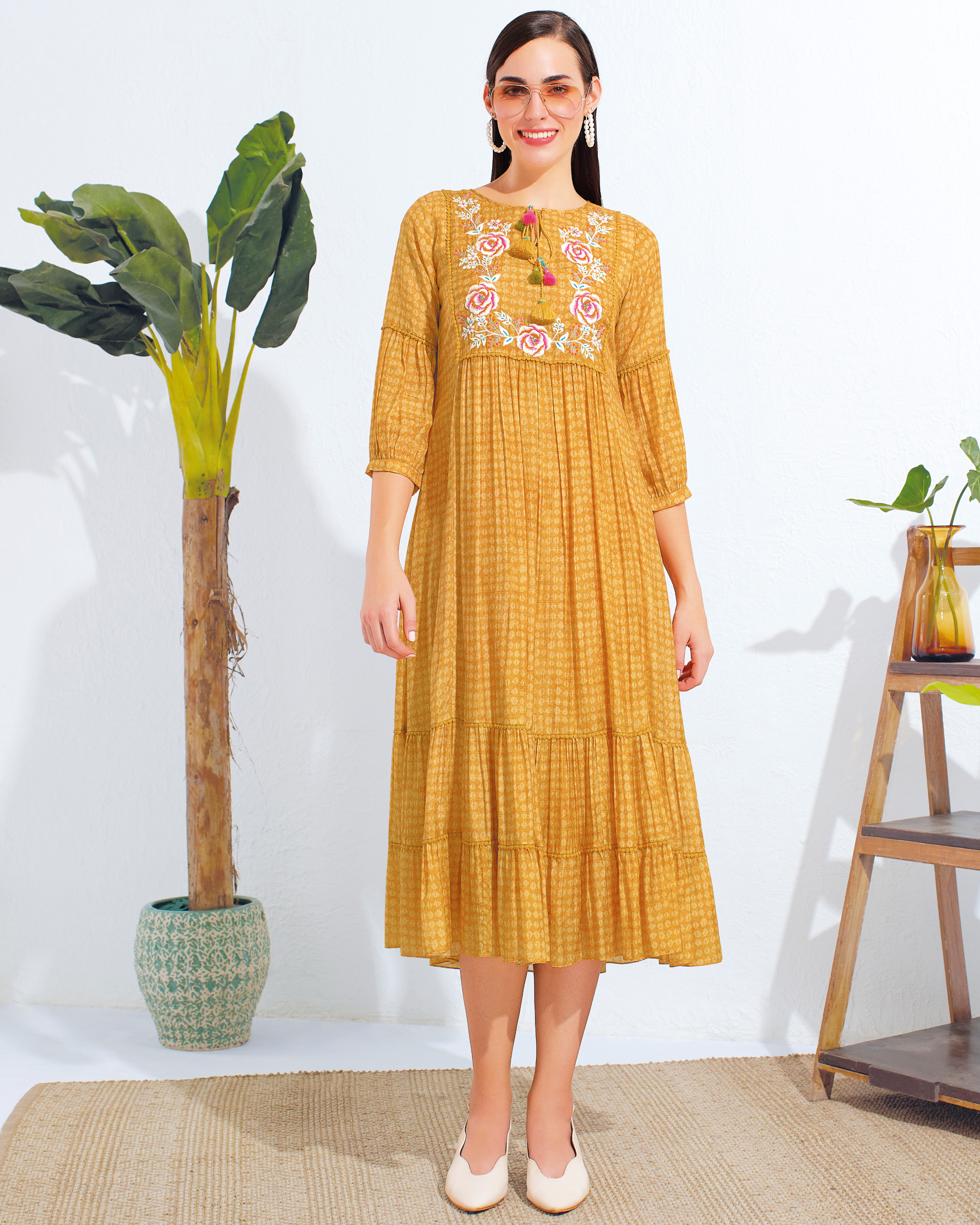 Mustard yellow embroidered midi dress
