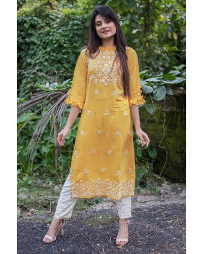 Amber yellow embroidered kurta with pants - set of two by Autumn Lane ...