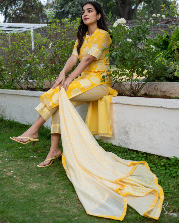 Yellow Floral Print Co-ord Set - Absolutely Desi