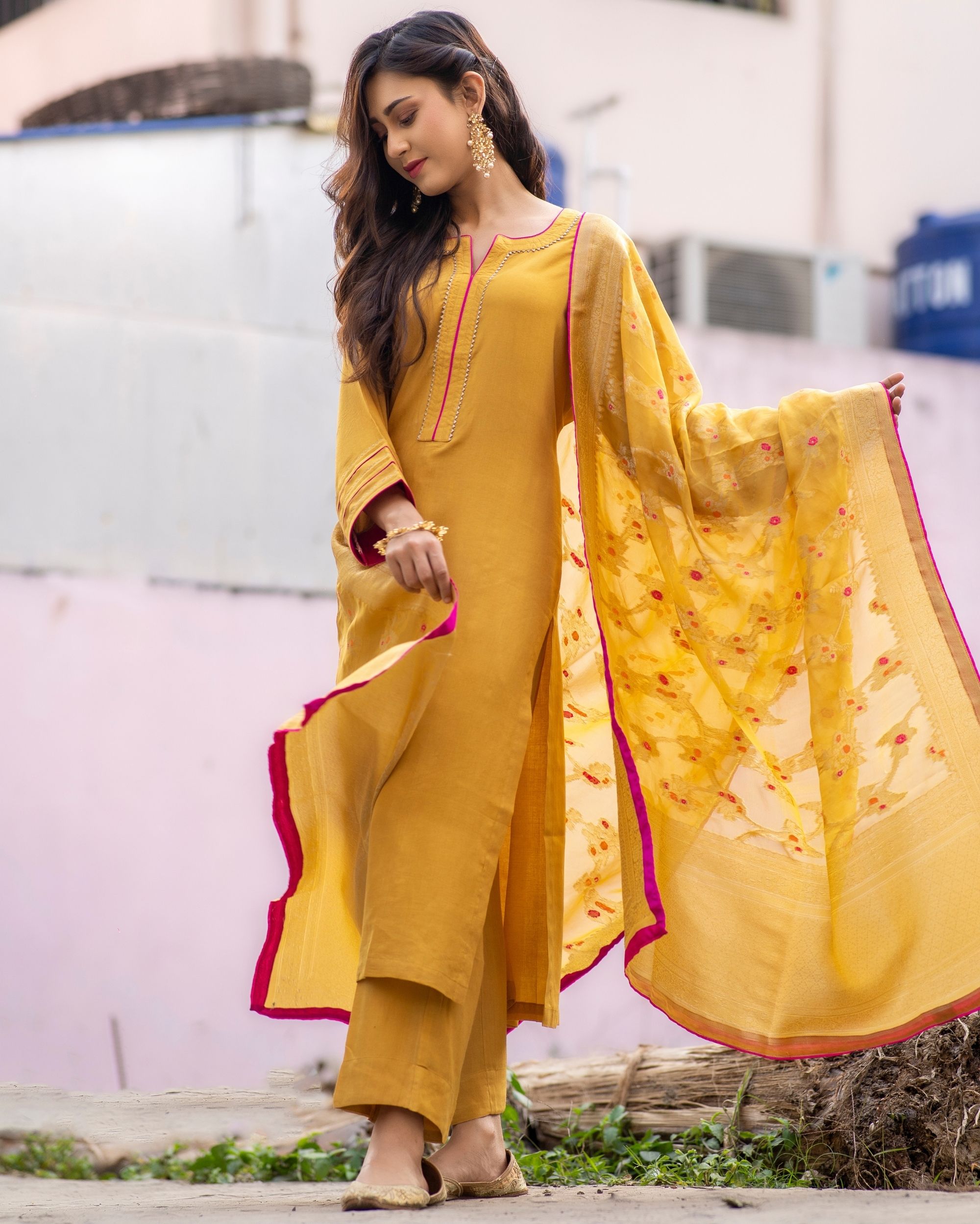 Marigold yellow cotton silk set with chanderi benerasi dupatta - Set Of Three