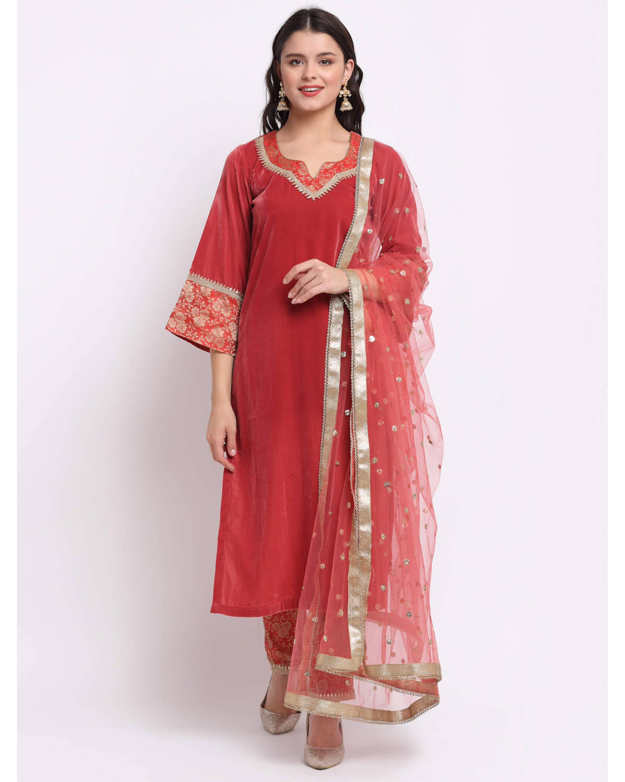 Coral bloom brocade straight kurta with designer pants and sequin