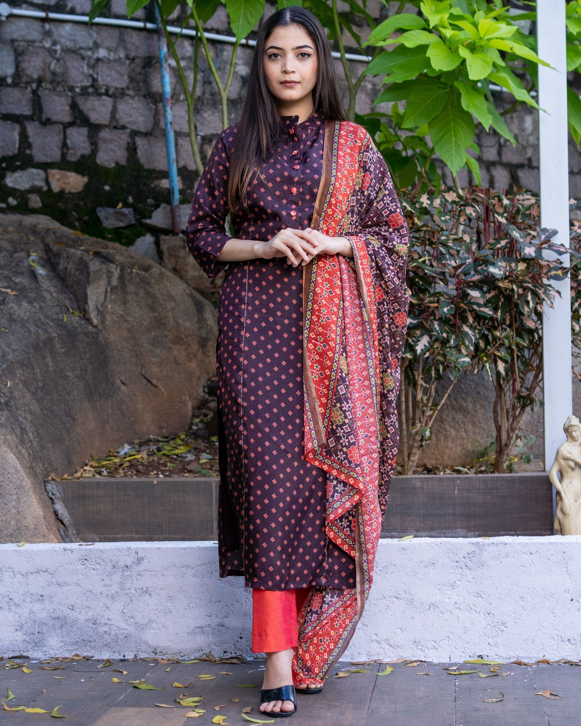 Dark brown printed mandarin kurta with pants and dupatta - set of three ...