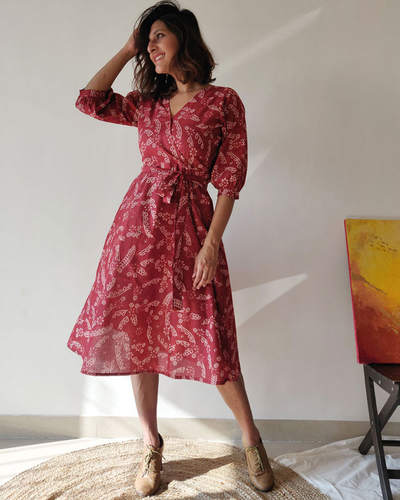 Printed maroon wrap dress by Why So ...