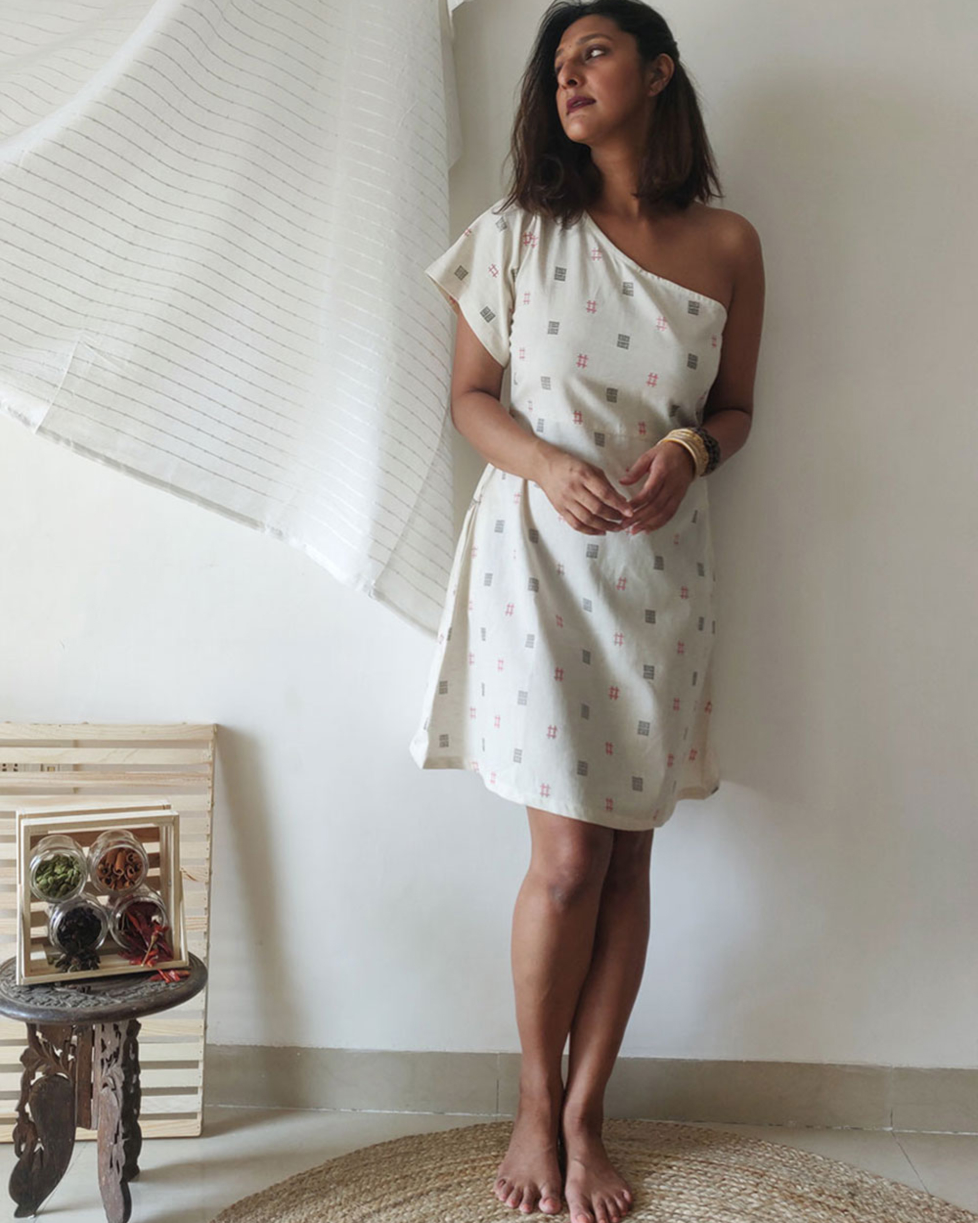 Off-white ikat one-shoulder dress by Why So Blue | The Secret Label
