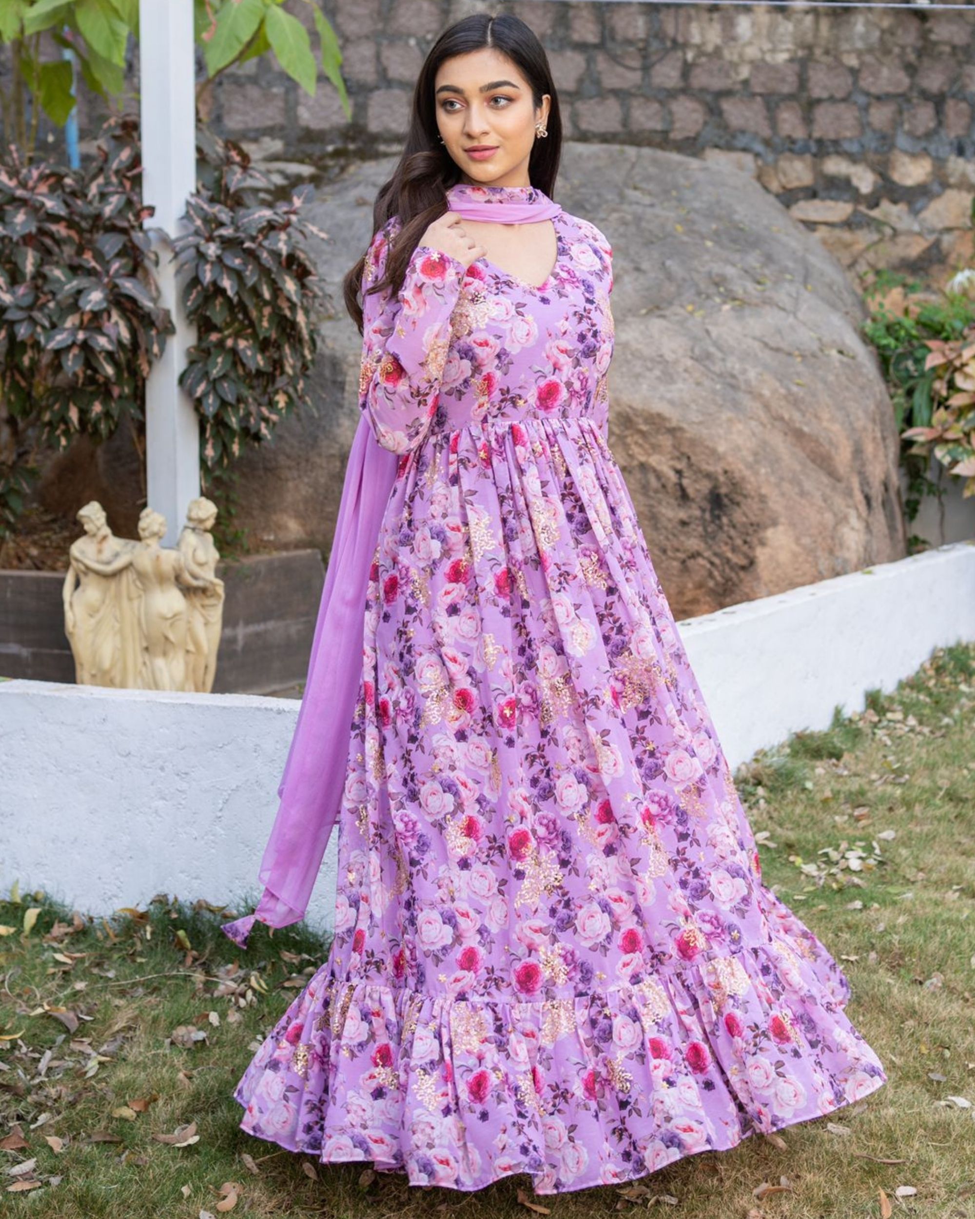 Lilac floral printed gathered dress with dupatta - set of two by The ...