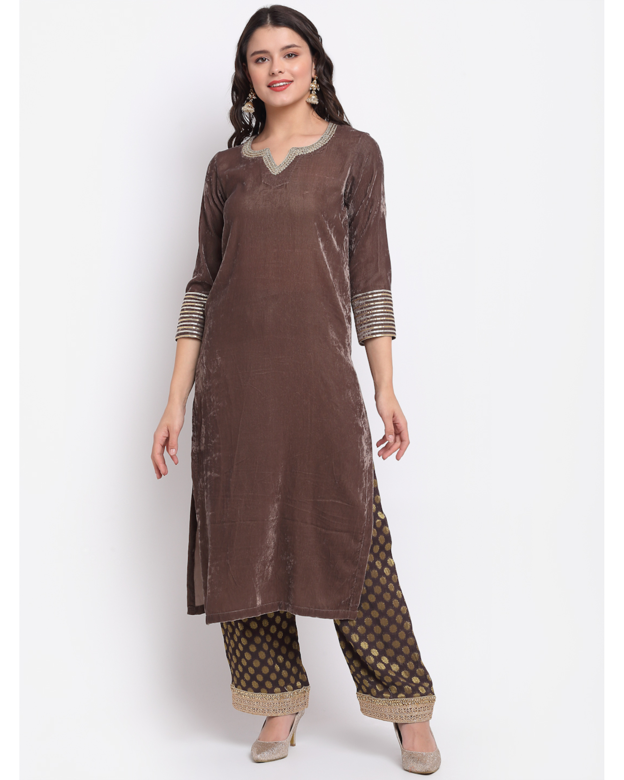 Ash grey velvet kurta with banarasi georgette palazzo - set of two by ...