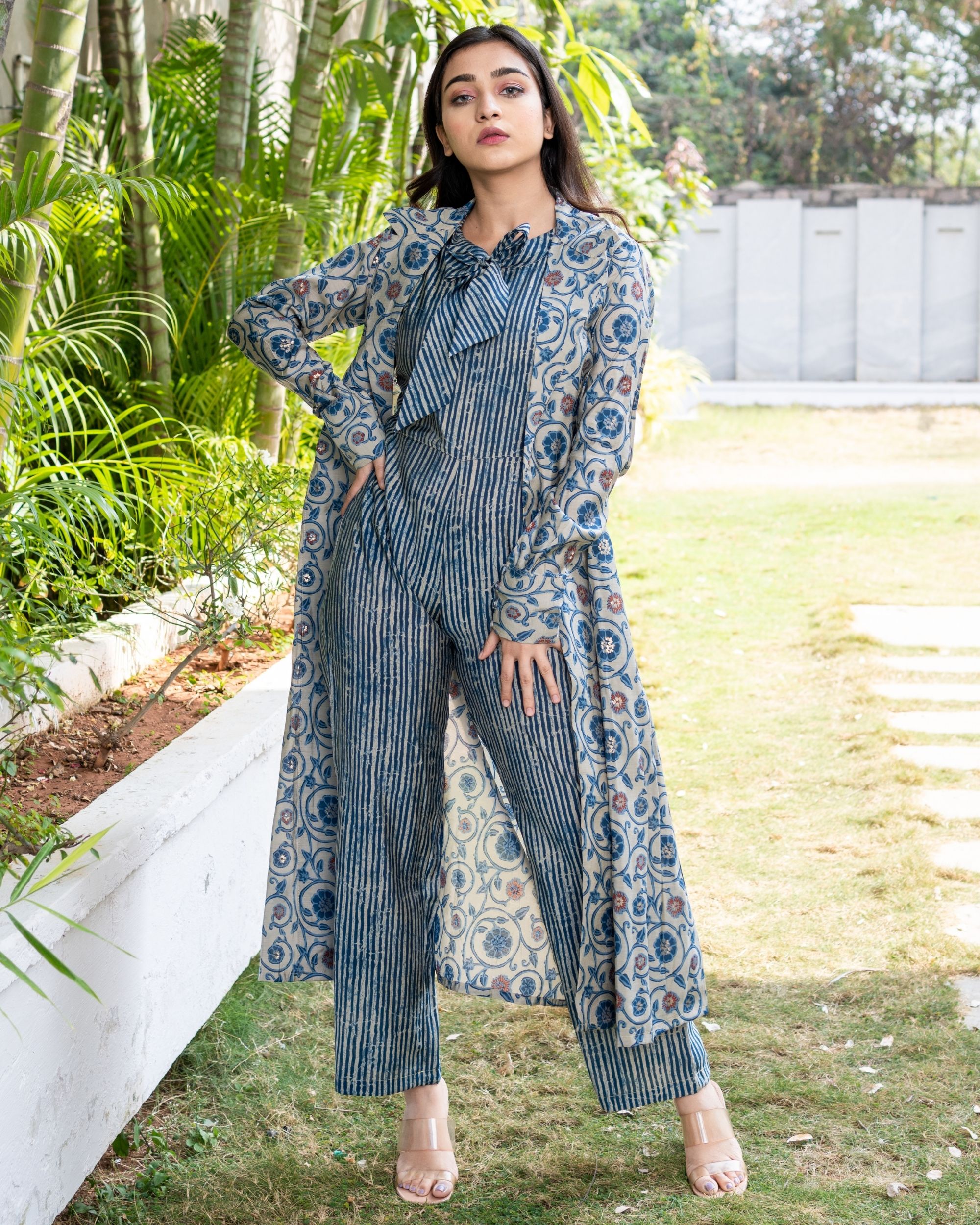 Blue and grey striped jumpsuit with printed jacket - set of two