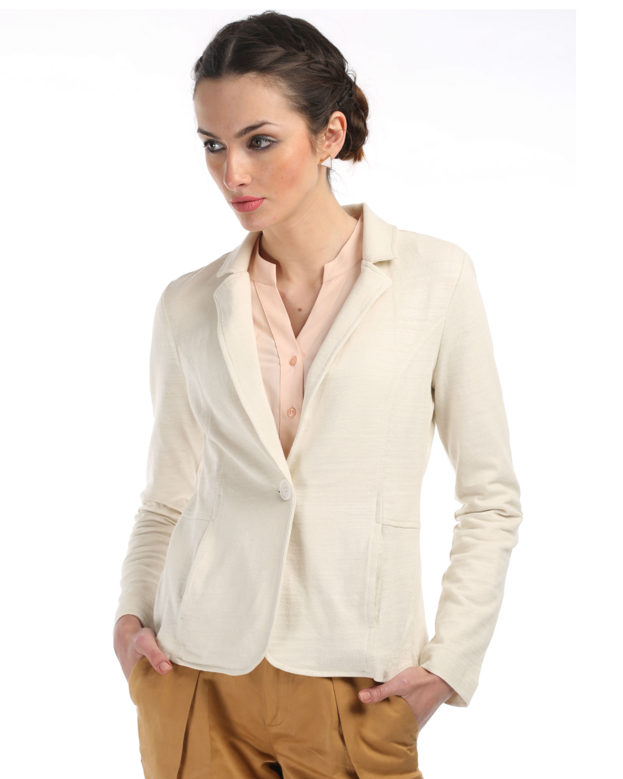 Ivory knit blazer with elbow patch by POST FOLD | The Secret Label