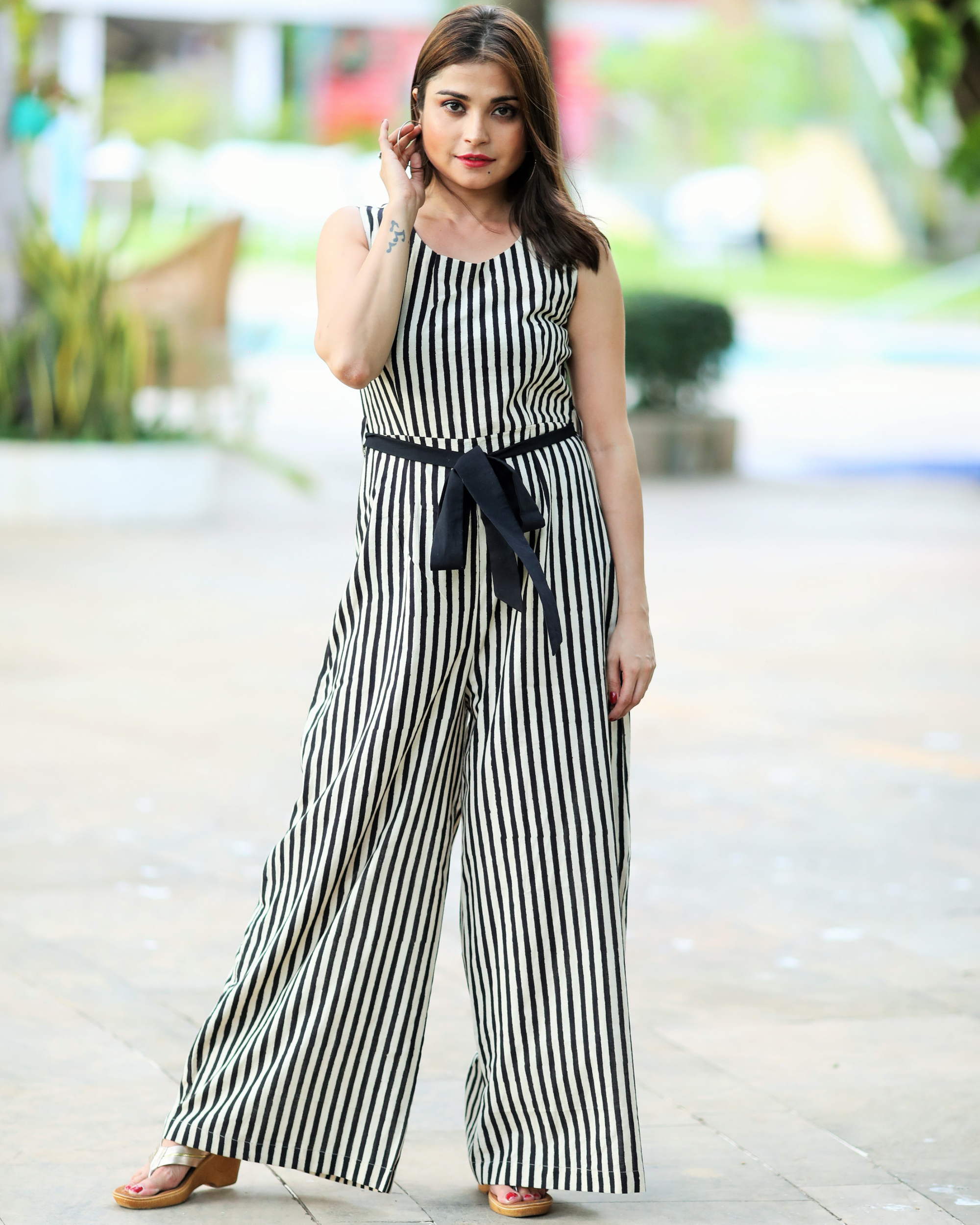 Black and white striped jumpsuit