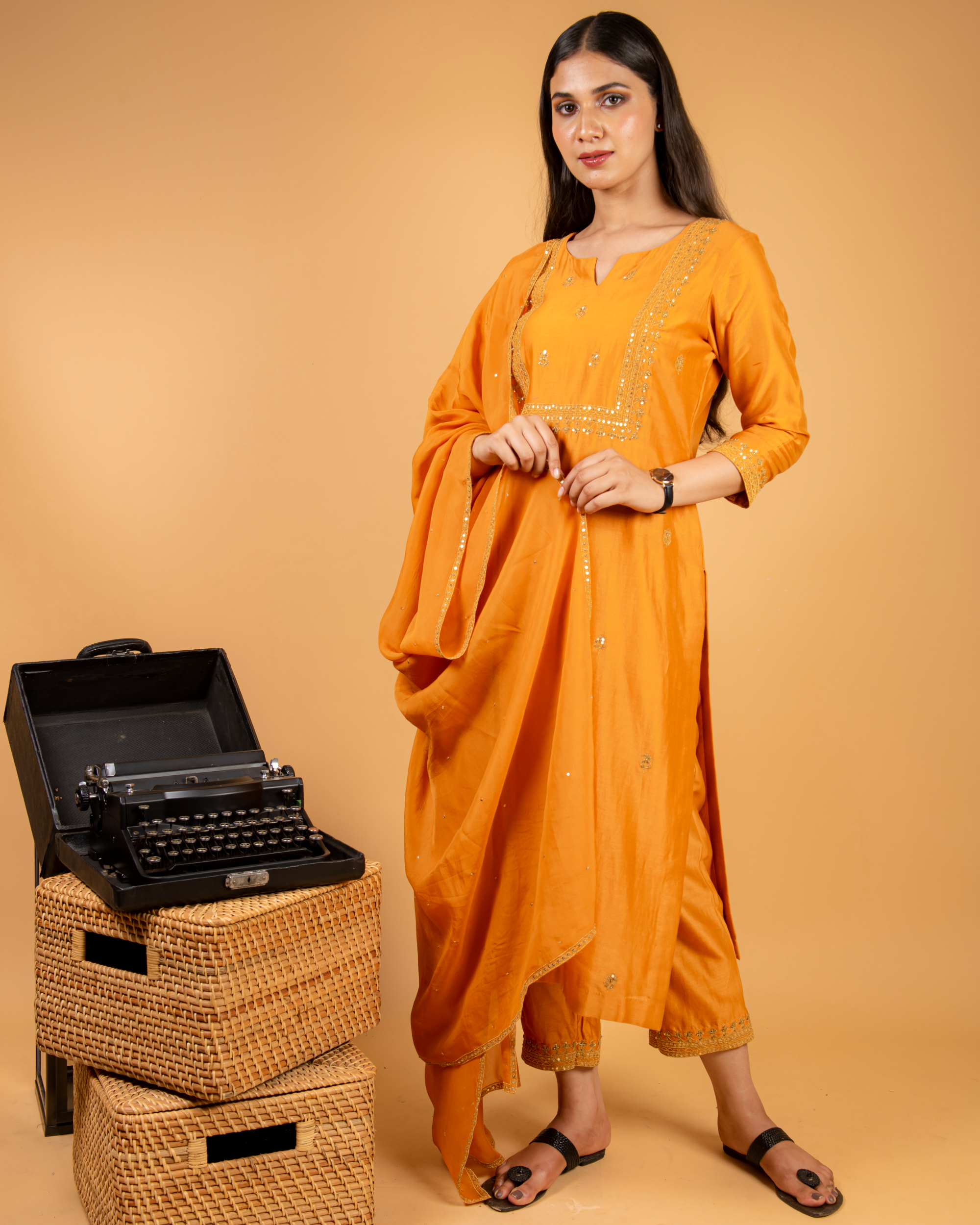 Marigold mustard silk suit set - set of three by Empress Pitara