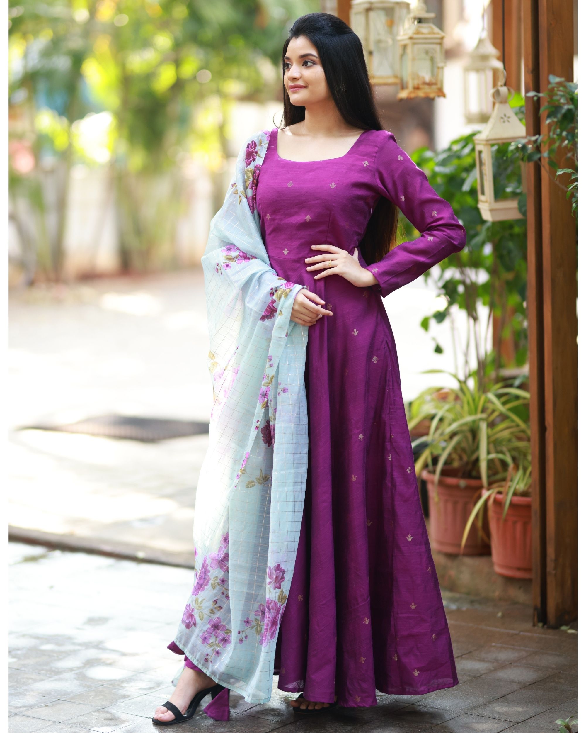 Purple Tussar Silk Gown With Patola Print and Foil Work Beautiful Dupatta  in USA, UK, Malaysia, South Africa, Dubai, Singapore