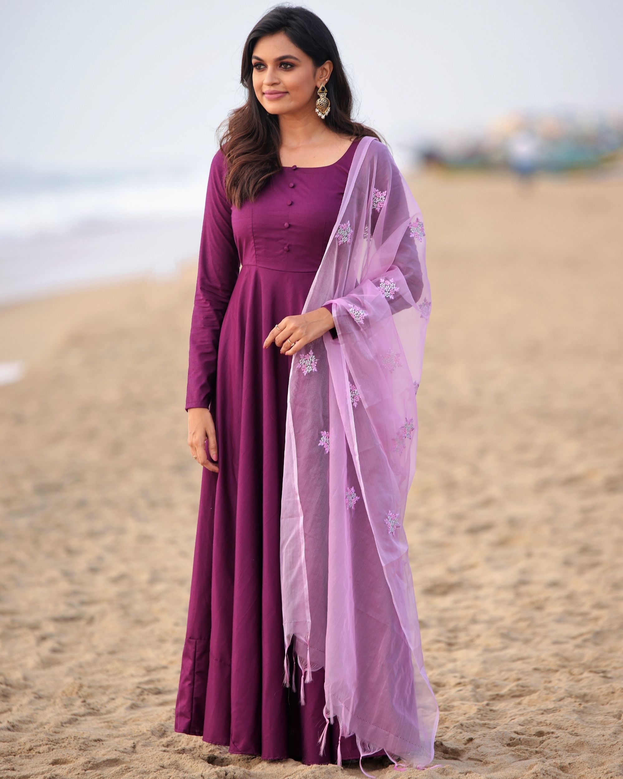 Wine cotton silk dress with embroidered dupatta - set of two