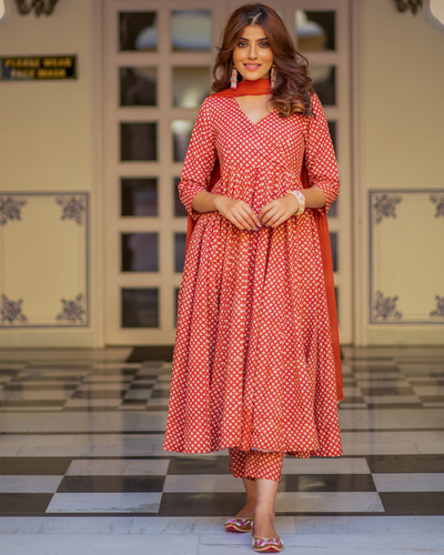 Buy Red Grey Bagru Hand Block Printed Cotton Anarkali Kurta with Palazzo-  Set of 2, BAI_KP_9/BACT14JAN103