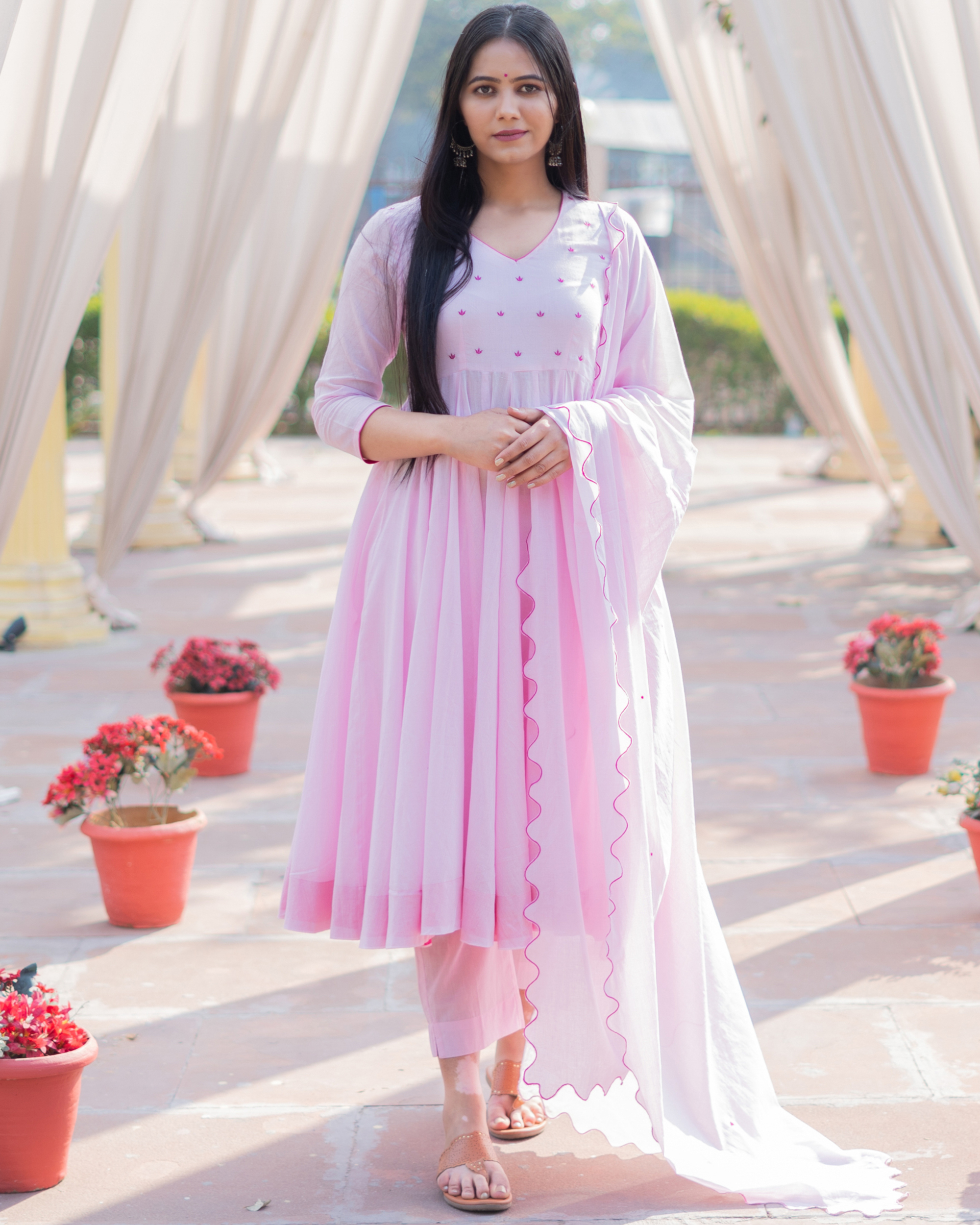 Baby pink embroidered mulmul anarkali set set of three by Baisa Crafts The Secret Label