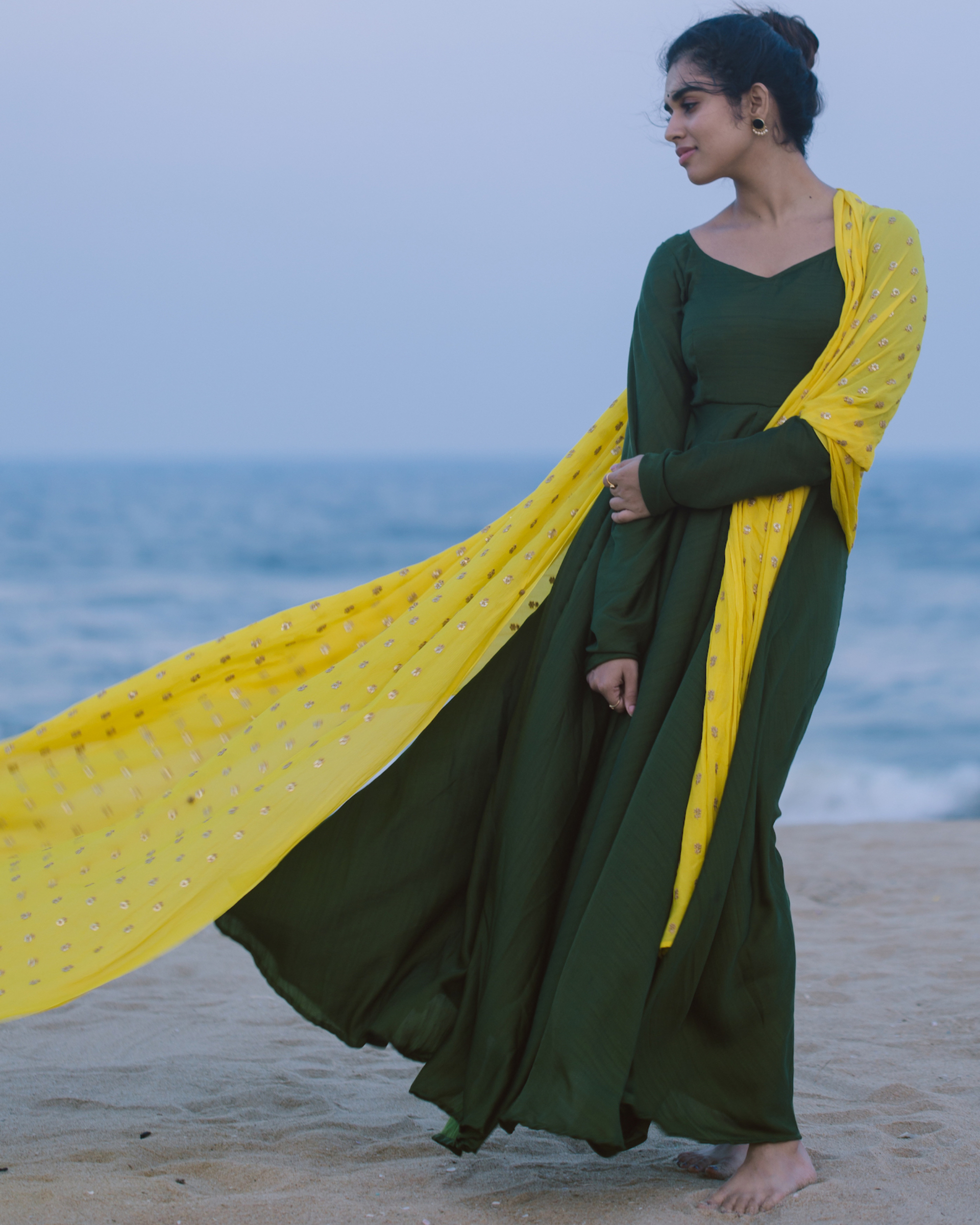 Green silk dress with yellow dupatta - set of two