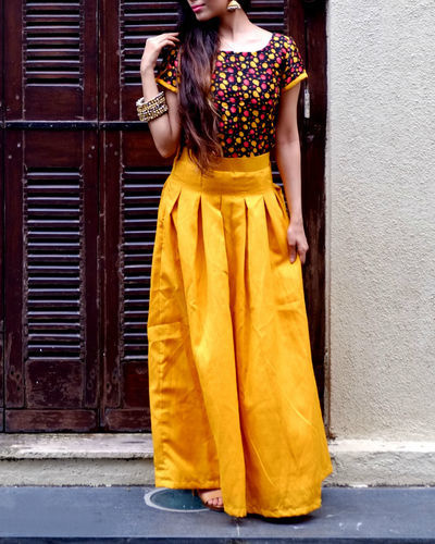 Mustard crop top and skirt set by Sugandh | The Secret Label