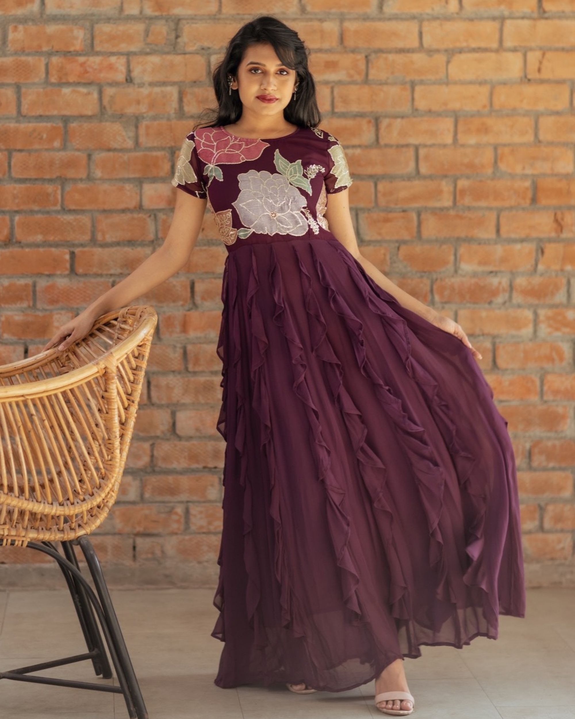 Purple floral embroidery ruffle dress