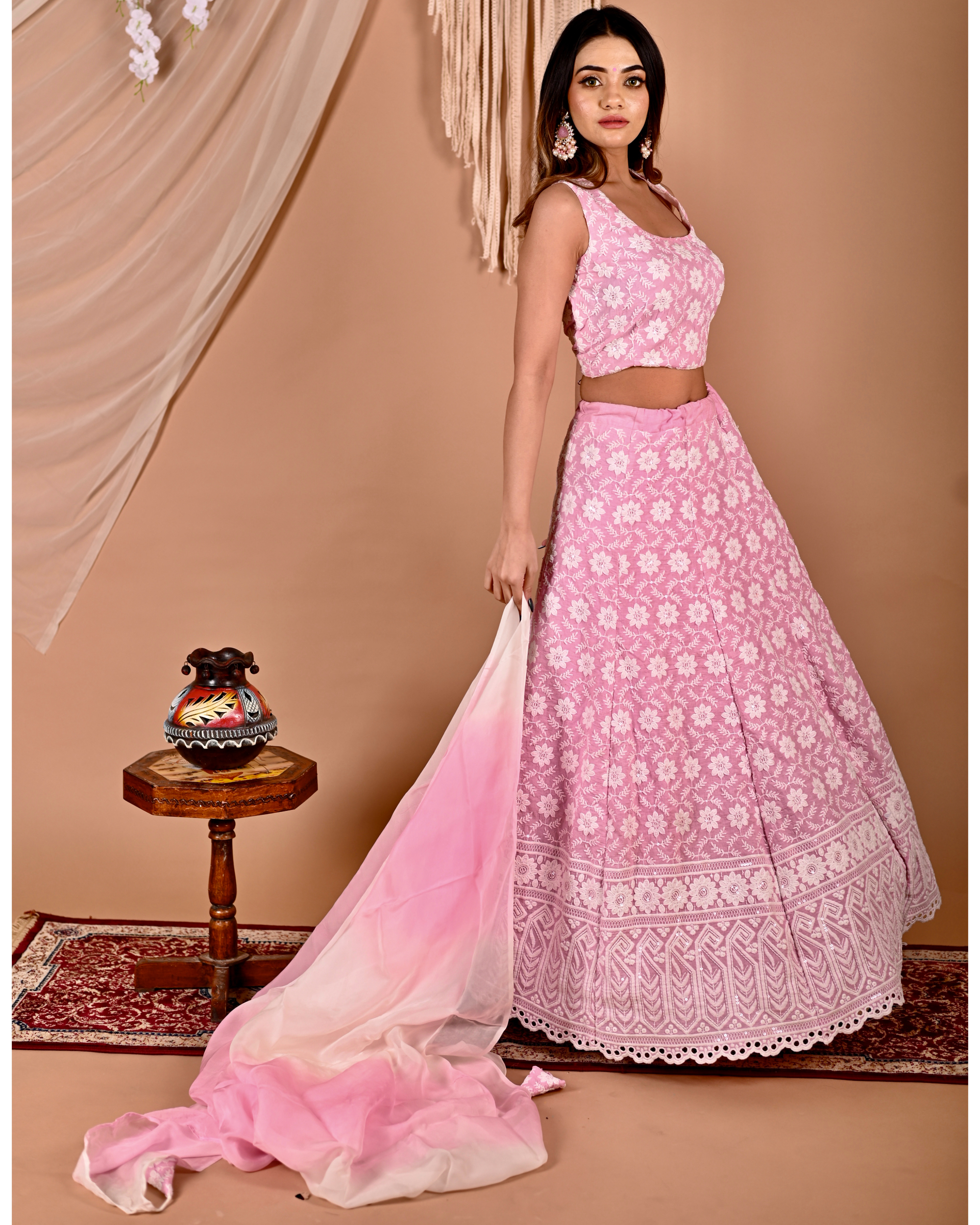 JUST FASHION Pink Tiered Lehenga Set With Mirror Embroidered Blouse,Jacket  And Dupatta : Amazon.in: Fashion