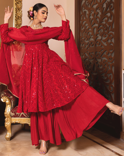 Red Sequins Embroidered Georgette Sharara Suit - Judki