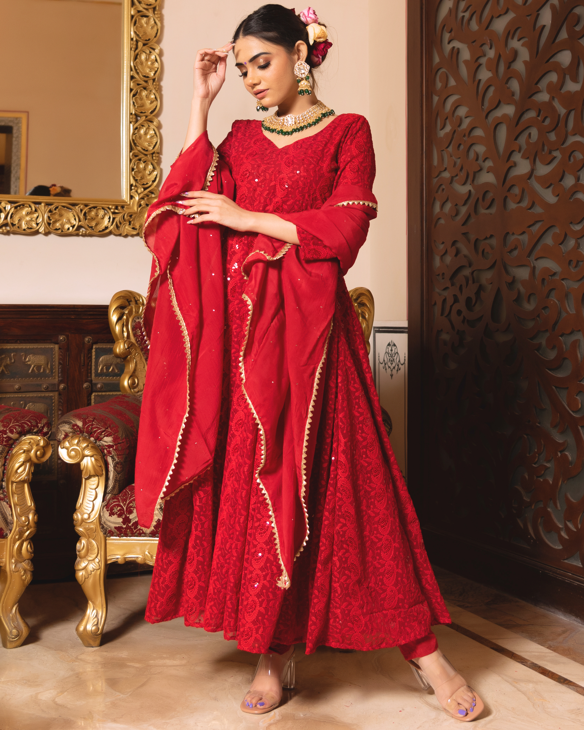 Fashionable Red Color Pure Soft Faux Georgette Anarkali Suit