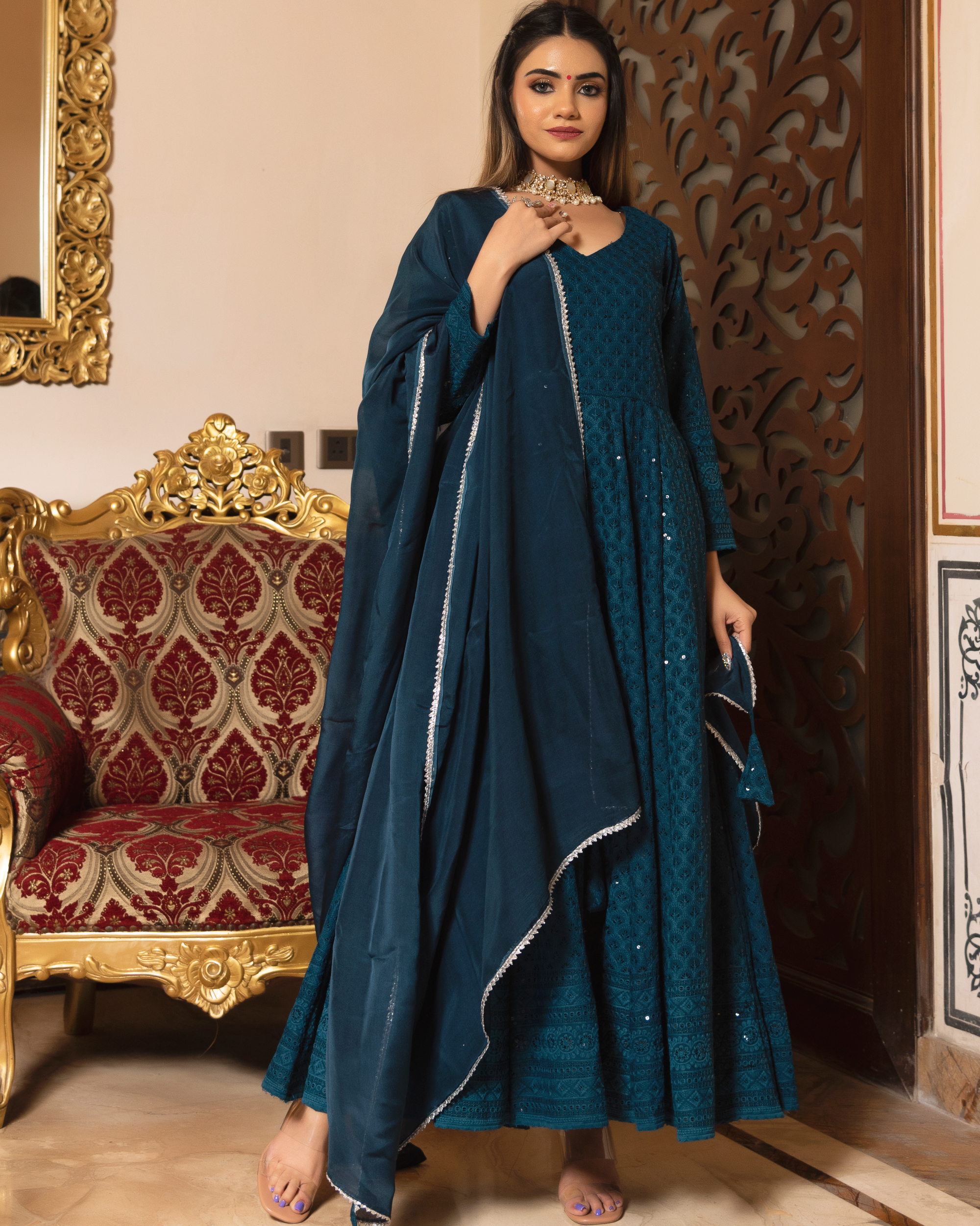 Teal blue chikankari anarkali suit set set of three by Calmna