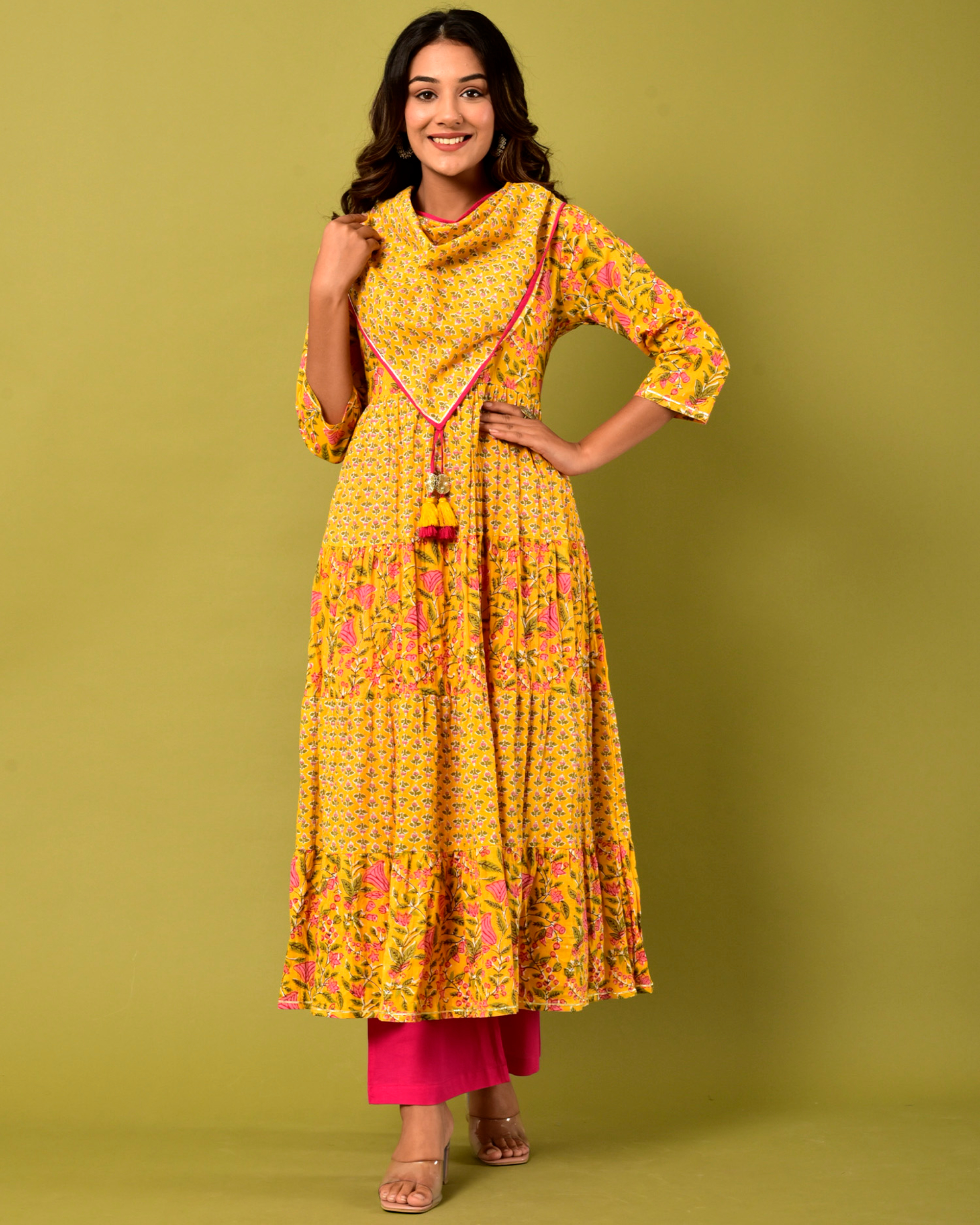 Yellow and pink printed tiered dress scarf - set of two by