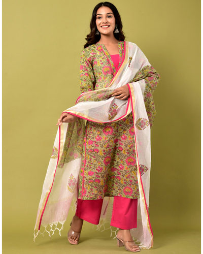 Pink and green printed kota doriya kurta set - set of three by Naksh ...