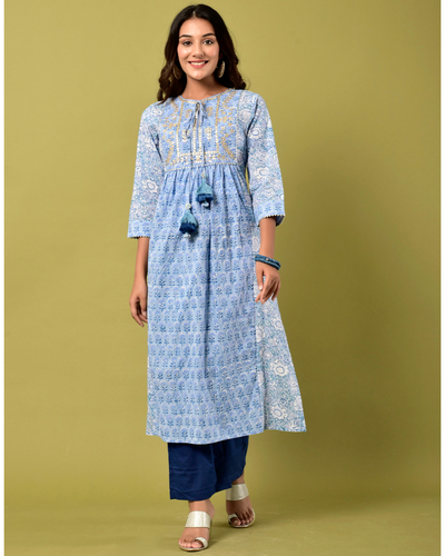 Ink blue printed kurta with pants - set of two by Naksh | The Secret Label