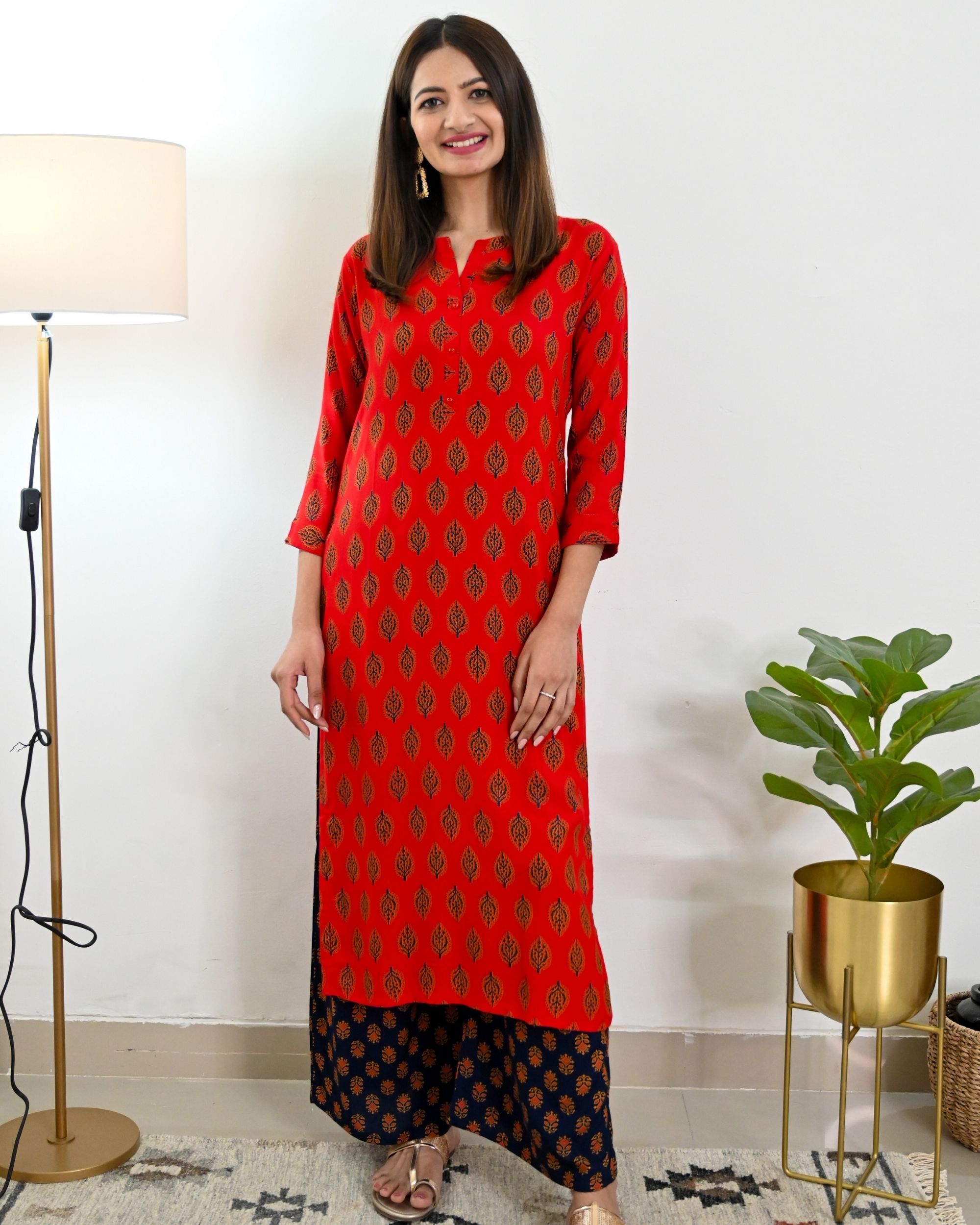 Red and blue printed kurta with palazzo - set of two by Half Full Half ...