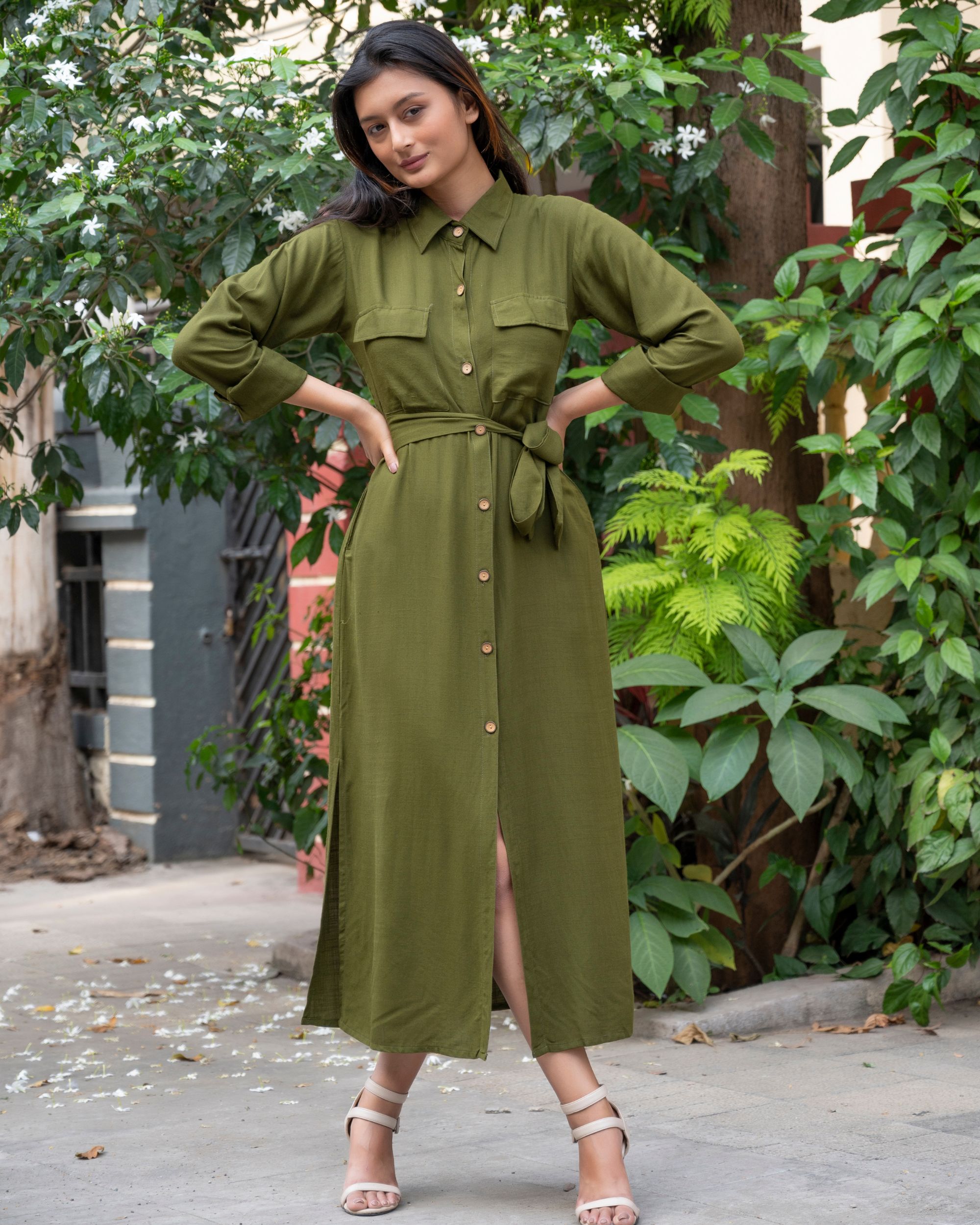Olive green shirt dress with belt - set of two by Half Full Half