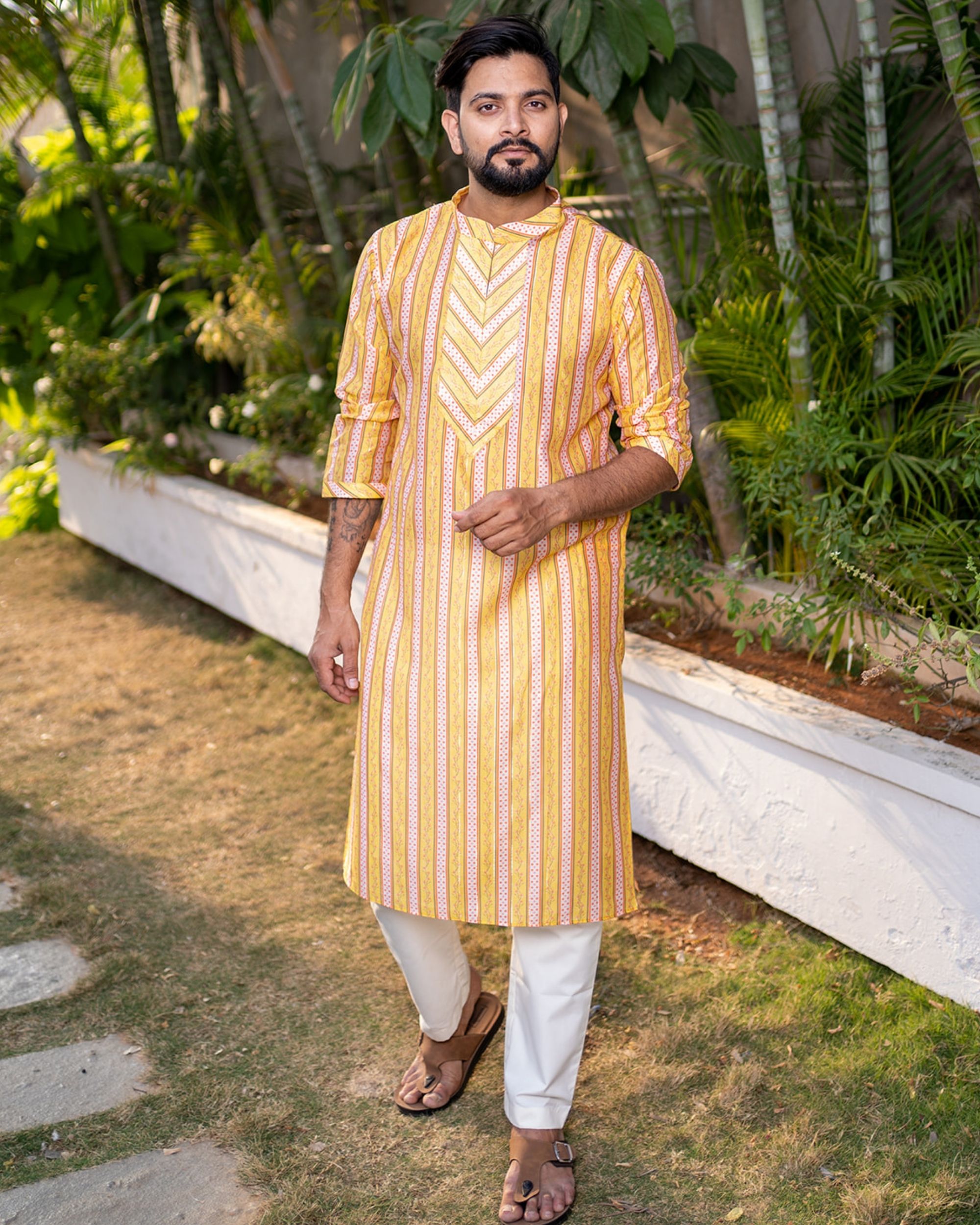 Yellow and white striped kurta with pyjama - set of two