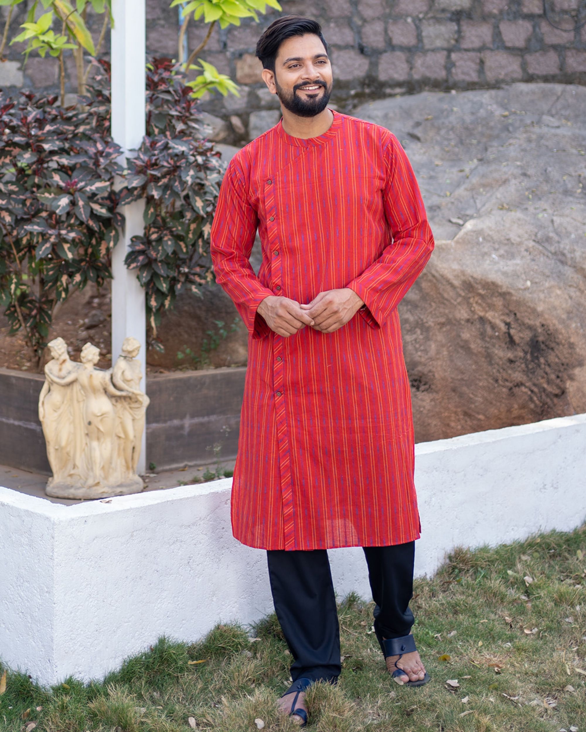 Red and yellow striped pure handloom cotton kurta