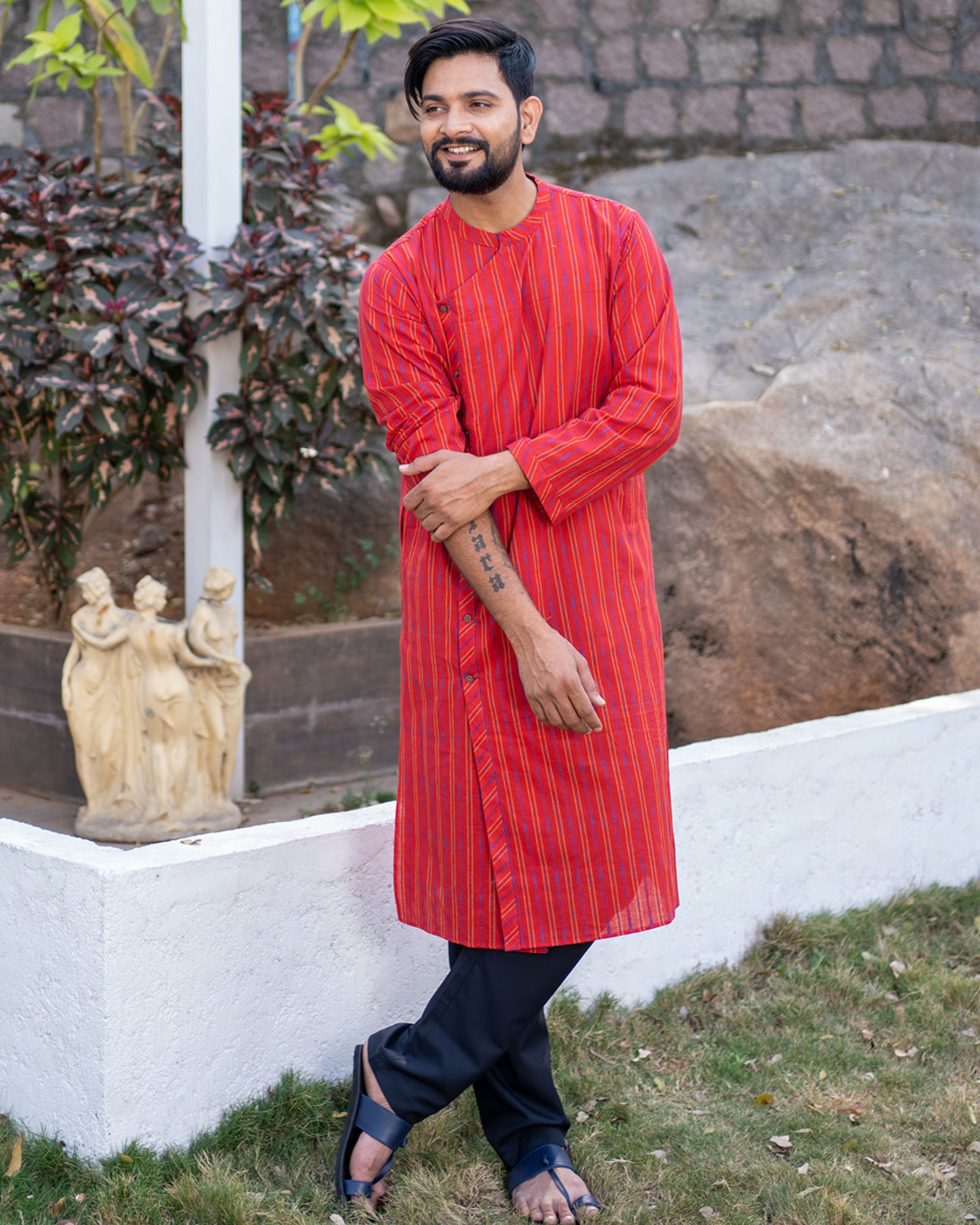 Red and yellow striped pure handloom cotton kurta with plain black pyjama - set of two