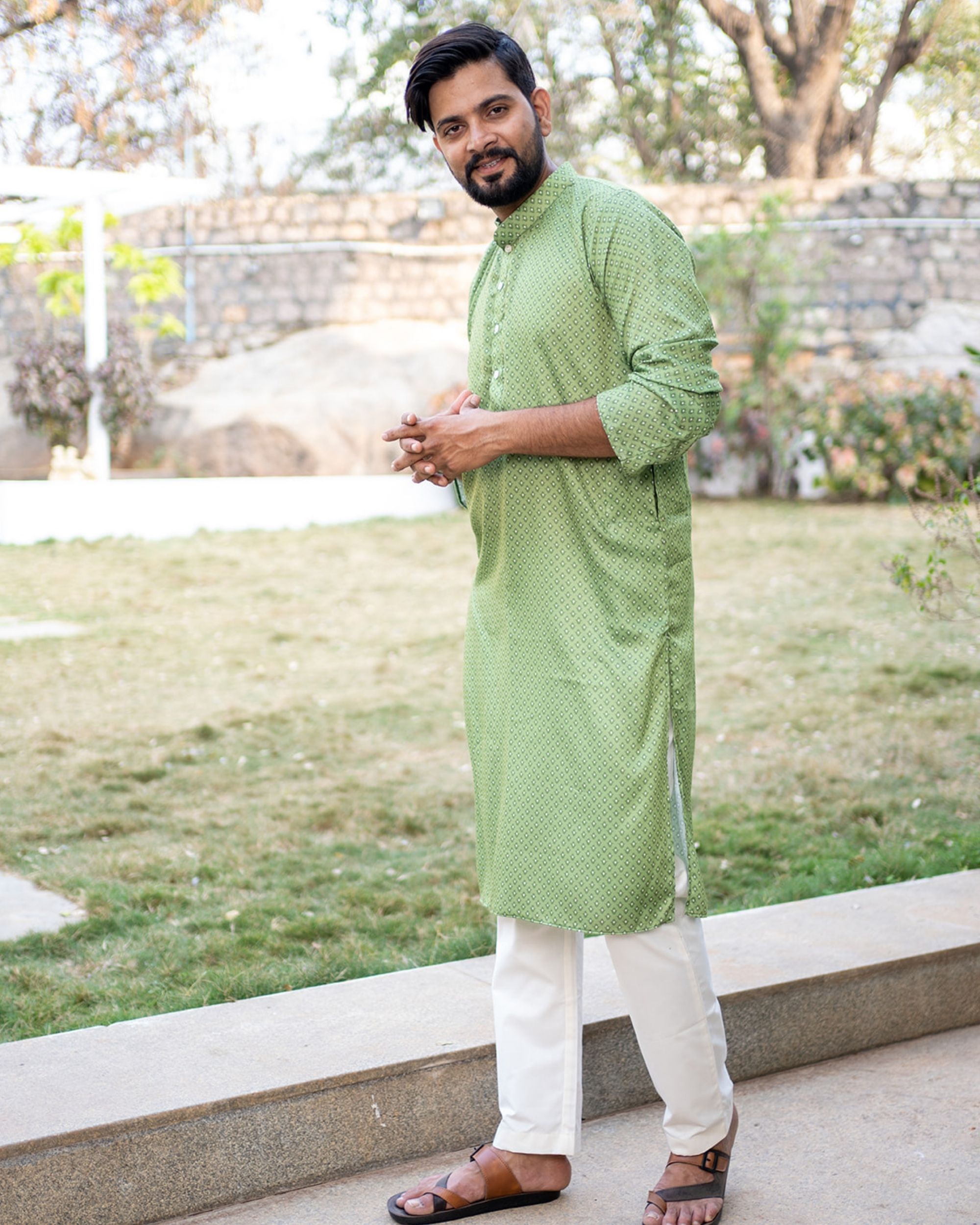 Green buta printed soft cotton kurta with plain white pyjama - set of two