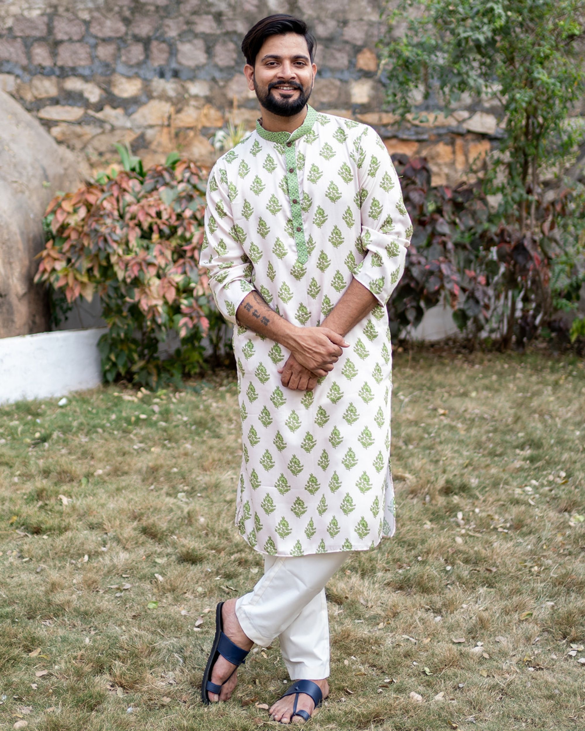 Beige and green buta printed kurta with white pyjama - set of two