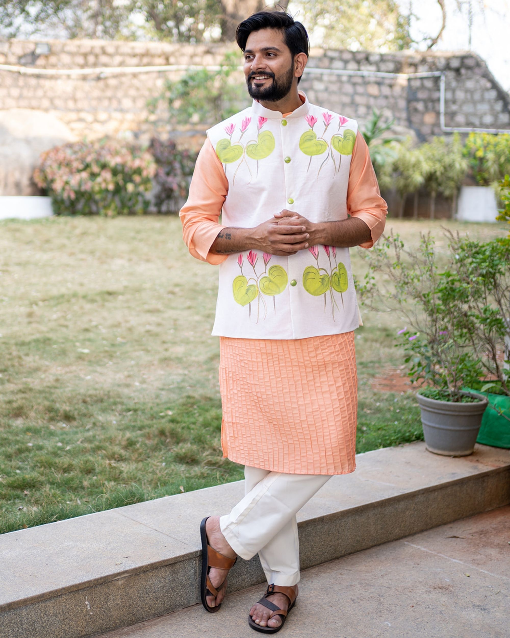White organza hand-painted jacket with peach pintuck kurta - set of two