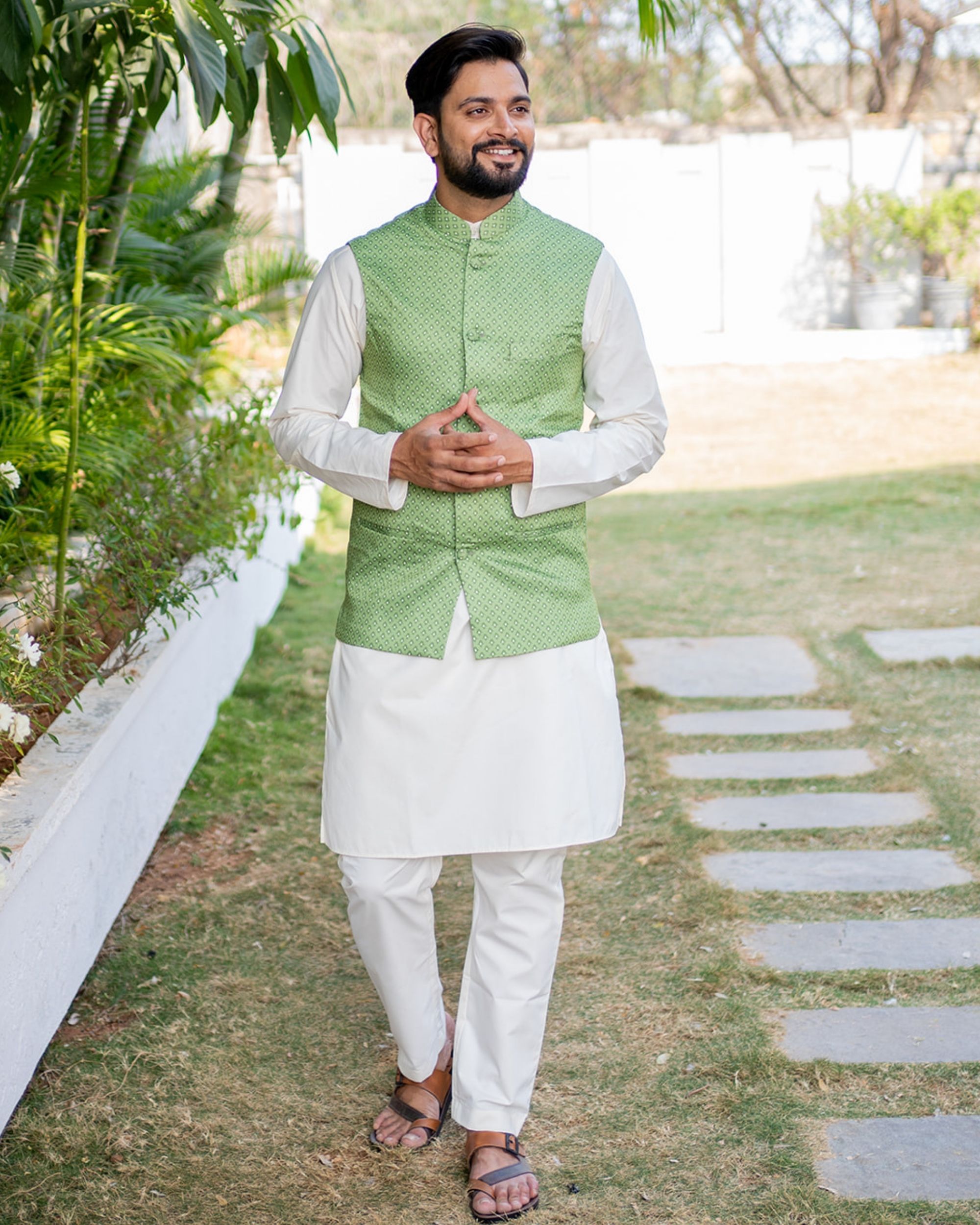 Green and white dots printed nehru jacket