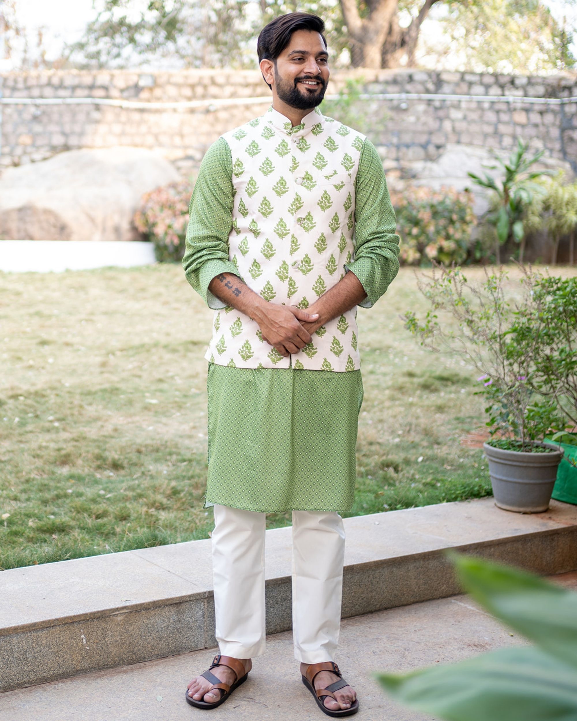 Beige and green boota printed jacket with green dots print kurta - set of two