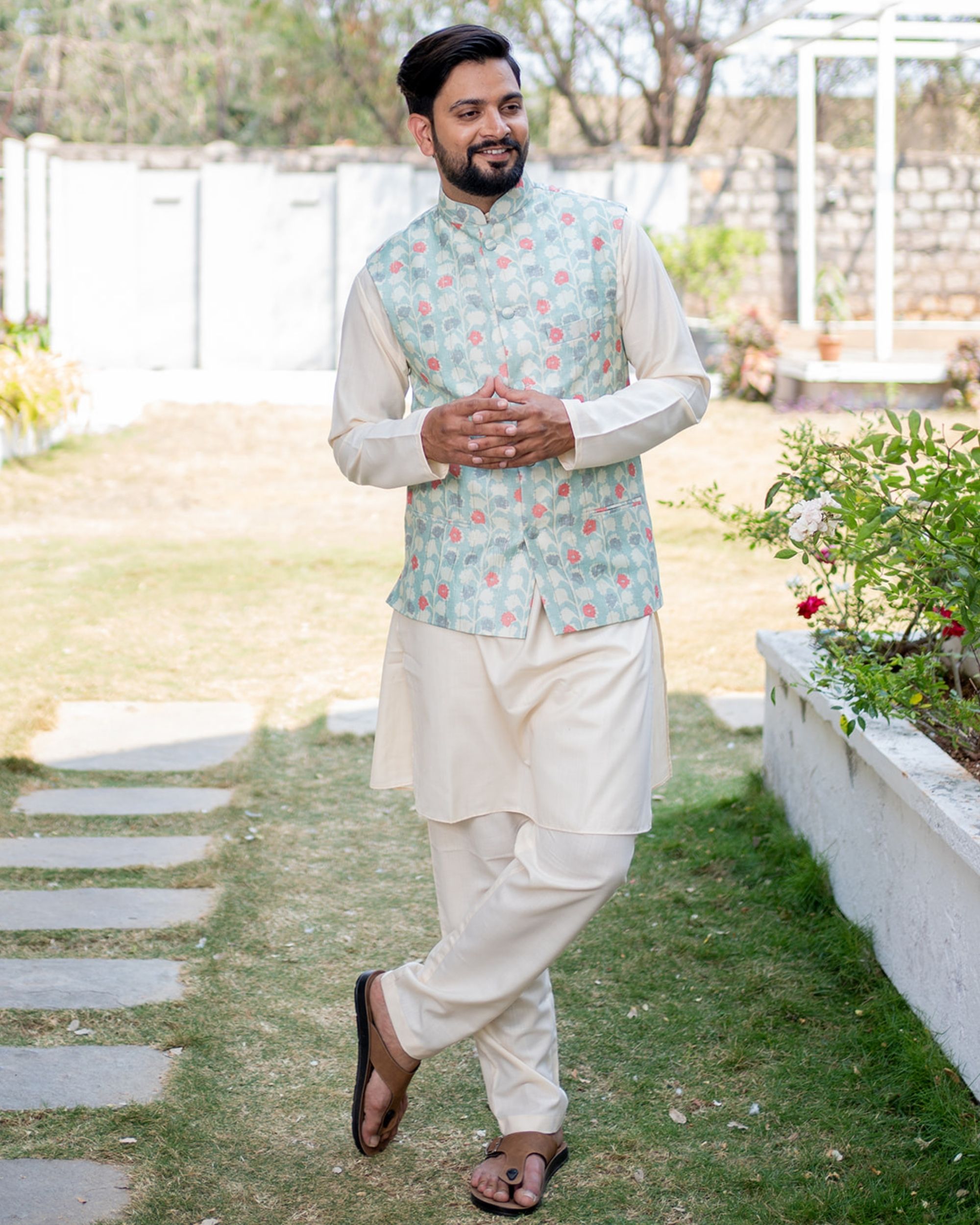 Dull blue and white floral printed jacket with off-white kurta and pyjama - set of three